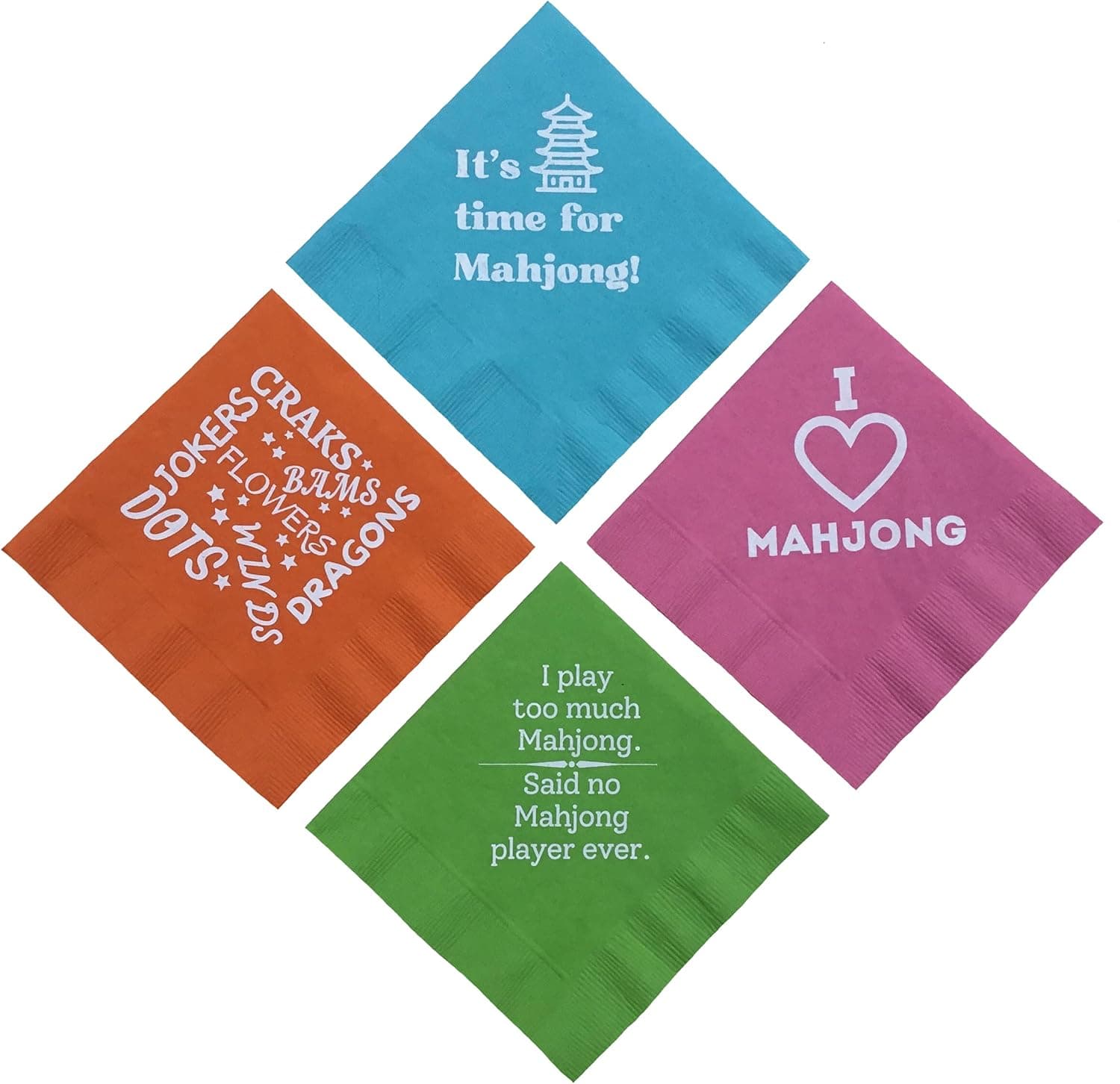 Mah Jongg Mahjong Napkins Beverage Cocktail Size 40 Count Paper Multi Colored Bright Pink Green Blue and Orange