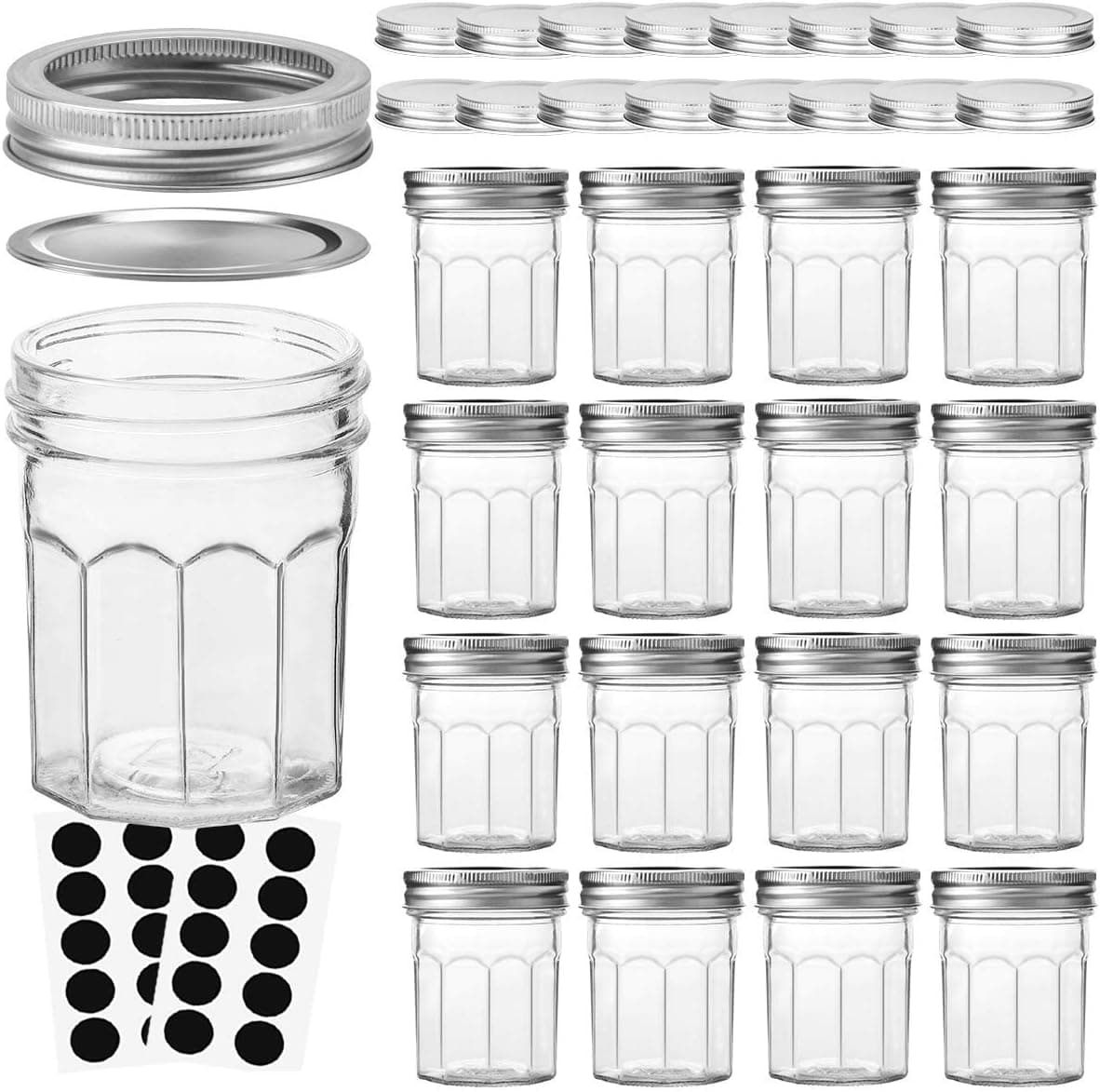VERONES Mason Jars Canning Jars, 6 OZ Pudding Jelly Jars With Regular Lids and Bands, Ideal for Jam, Honey, Wedding Favors, Shower Favors, DIY Spice Jars, 16 PACK,Extra 16 Lids