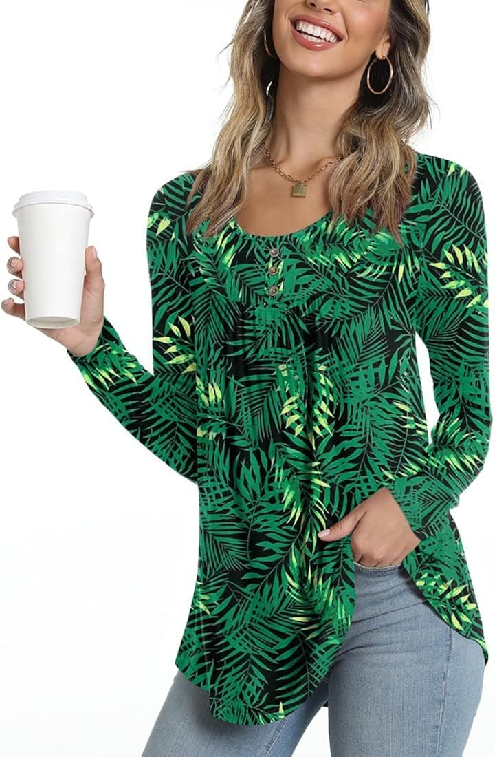 POPYOUNG Casual Long Sleeve Tunic Tops Loose Fit Pleated Fall T-Shirt Blouses for Women