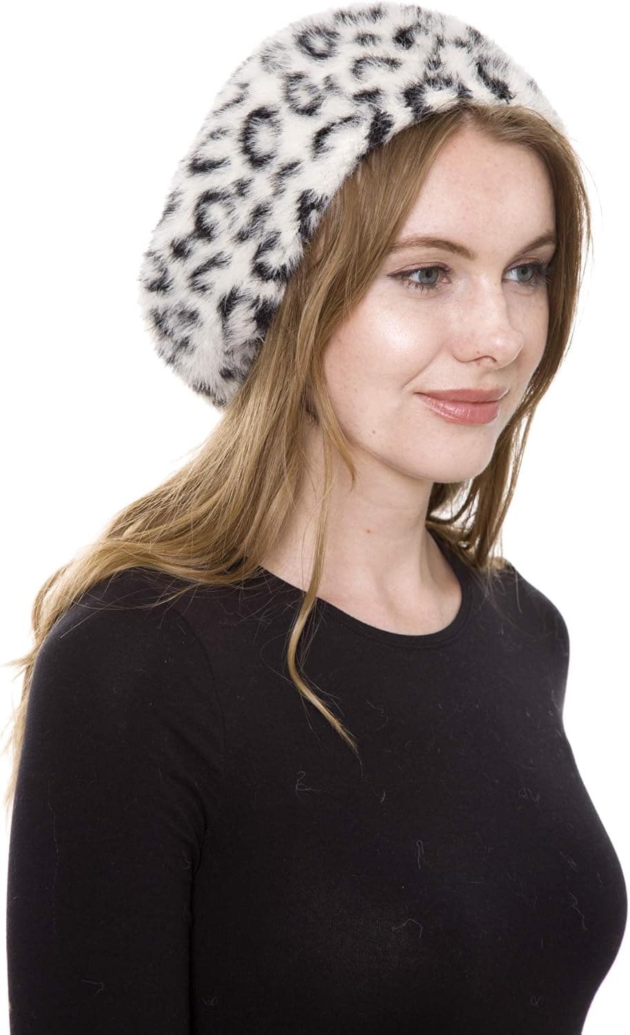 Janice Apparel Women's Warm Soft Winter Zebra Pattern Faux Fur Beret Hat Skull Cap (Leopard-Black/Beige)