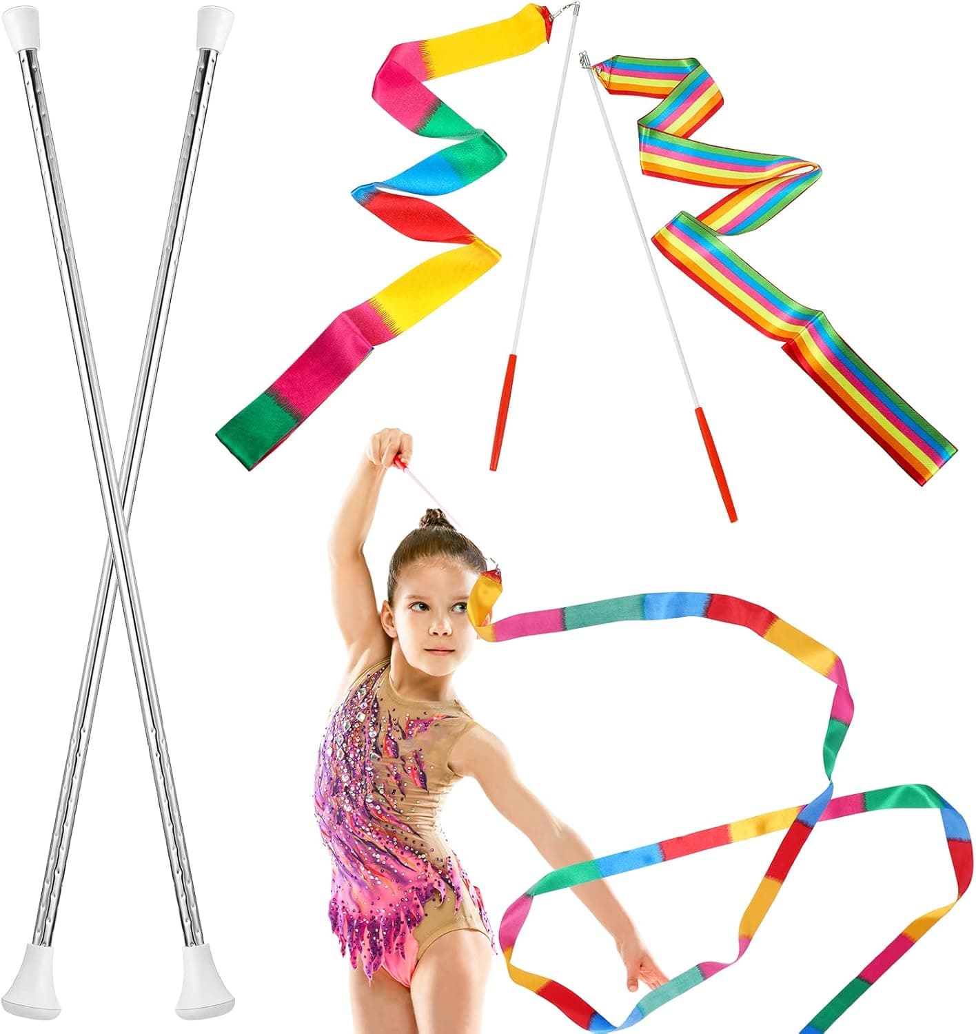 HyDren Dance Ribbons Colorful Rainbow Streamers Ribbon Dancer Wand 21 Inch Stainless Steel Twirling Baton Rhythmic Gymnastics Conducting Batons for Dancing Band Gymnastic