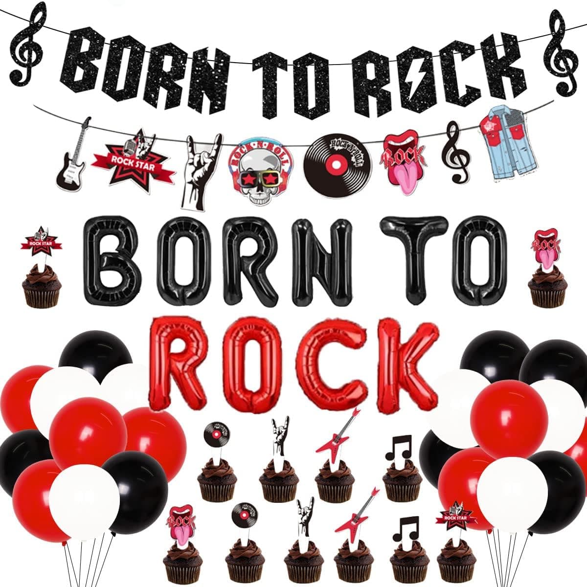 Rock and Roll Birthday Party Decorations Black Glitter Born To Rock Banner Balloons Musical Elements Garland for 1950s Music Themed Party Supplies
