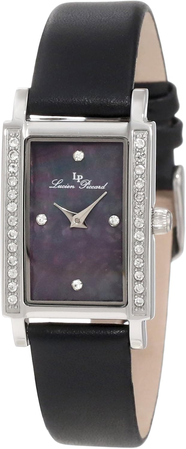 Lucien Piccard Women's 11673-01MOP Monte Baldo Crystal Accented Black Patterned Mother-Of-Pearl Dial Black Leather Watch