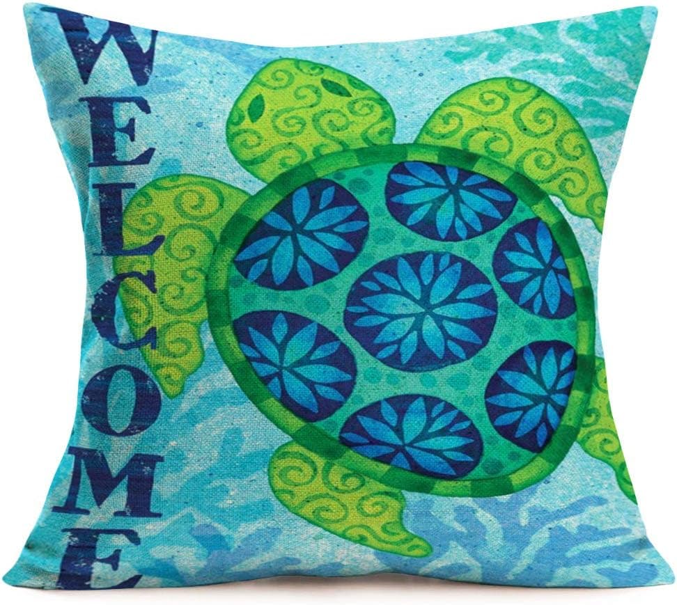 ShareJ Welcome Sea Turtle Pillow Cases Ocean Theme Marine Life Throw Pillow Covers Cotton Linen Pillowcase Square Cushion Cover Home Sofa Outdoor Decor 18"X18" Pillow Shams