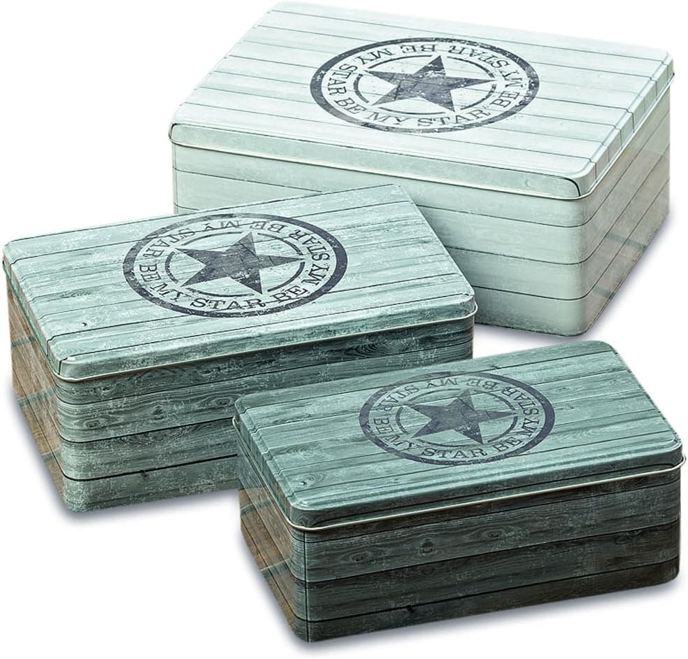 WHW Whole House Worlds Be My Star Cookie Tins, Set of 3 Rectangular Boxes with Lids,Food Safe, Rustic Vintage, 8.75, 7.75, and 7 Inches