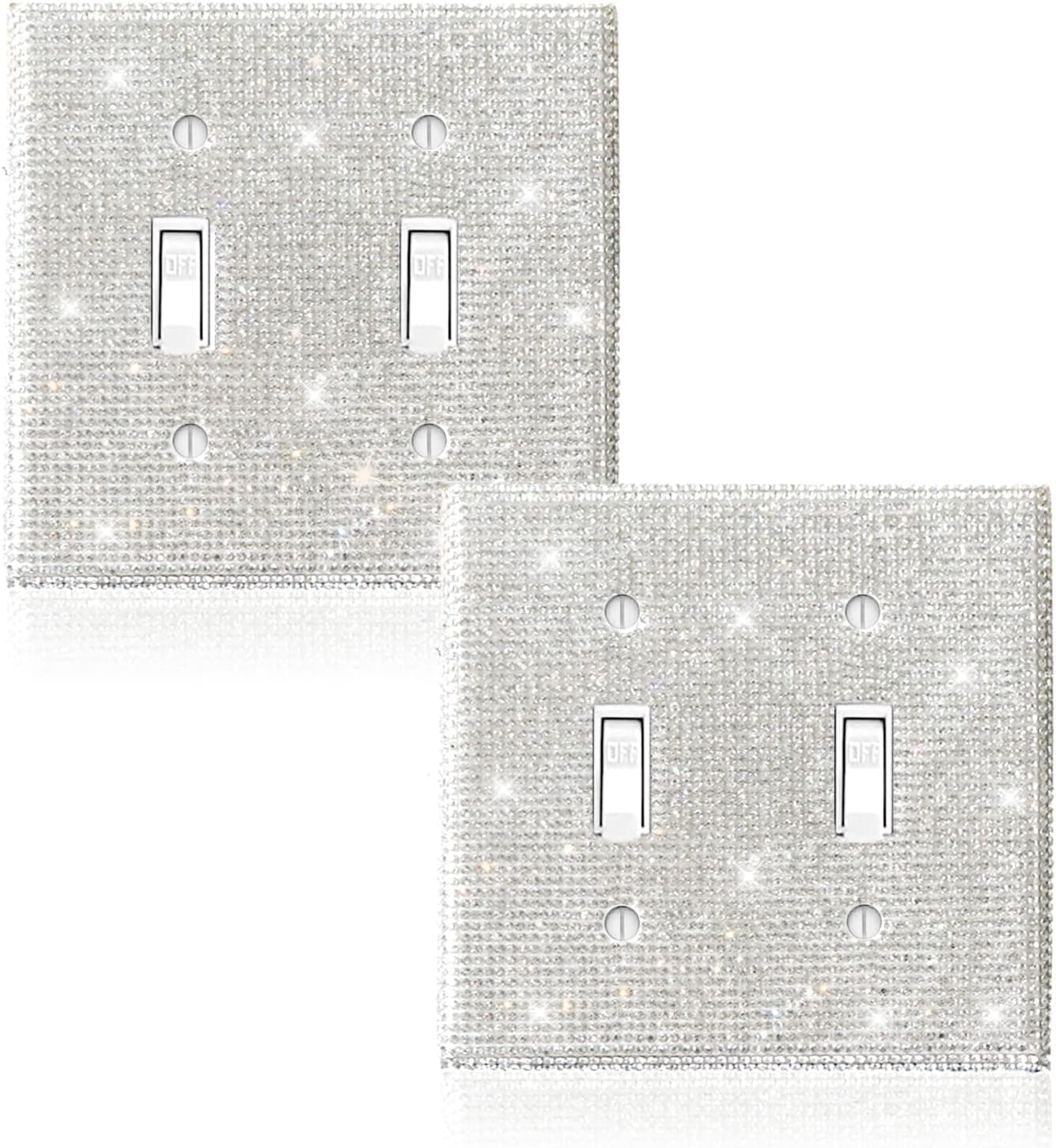 ChuLian 2pcs Shiny Rhinestones Wall Plates Bling Light Switch Cover White Outlet Covers Decorative Wall Plate 2 Gang Toggle for Home Decor
