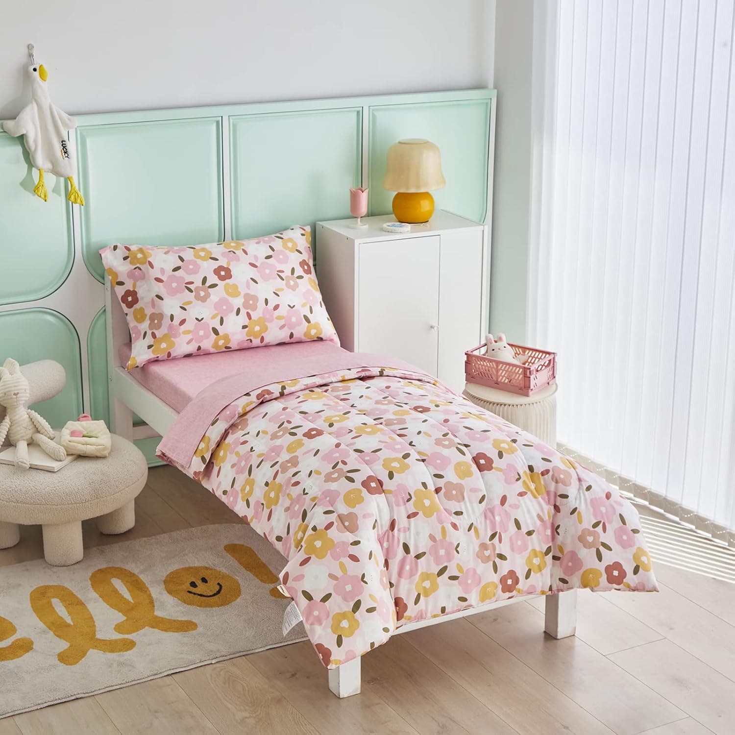 100% Cotton 4 Pieces Pink Flowers Toddler Bedding Set with Pink Yellow White Dark Red Flowers Includes Adorable Quilted Floral Comforter, Pink Fitted Sheet, Top Sheet, and Pillow Case for Boys Girls