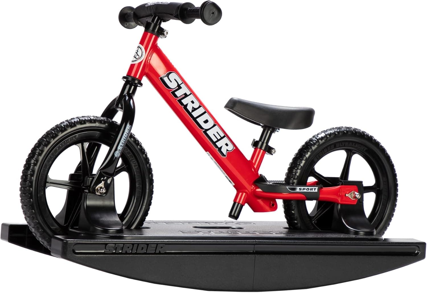 Strider 12” Sport Bike + Rocking Base - Helps Teach Baby How to Ride a Balance Bicycle - for Kids 6 Months to 5 Years - Easy Assembly & Adjustments