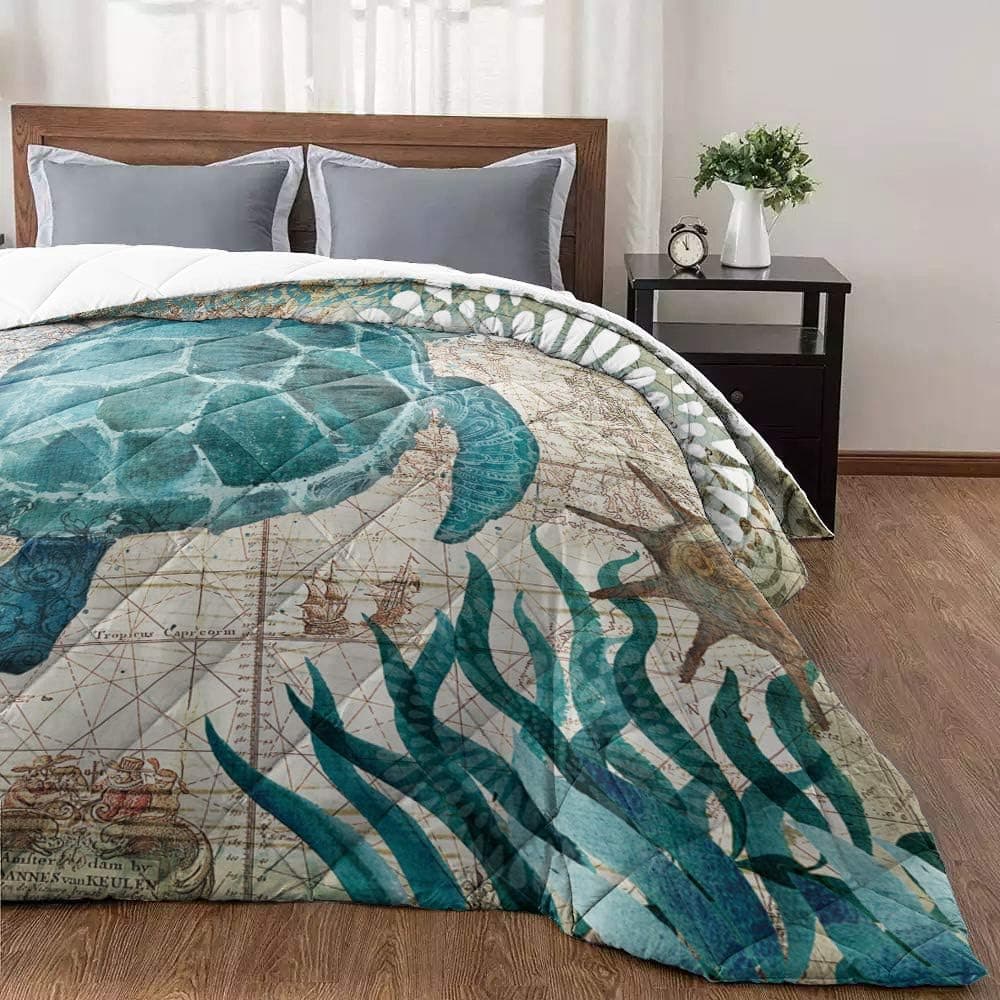 Crystal Emotion Thin Bedding Comforters for Summer, King Bed Quilt Blanket, Sea Turtle, Lightweight Duvet Insert Down Quilted Blankets Coverlet for Kids/Women/Men/Teens, Ocean Animal Watercolor