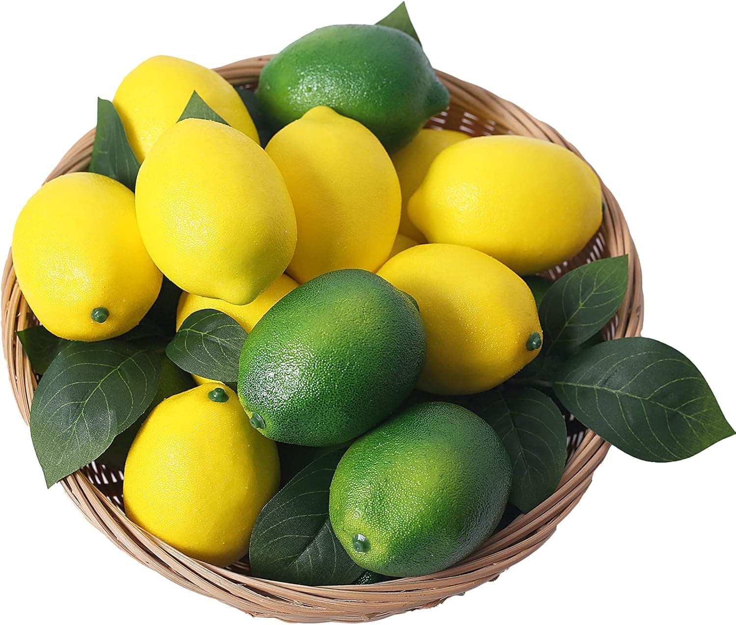VEOAY Fake Fruit Artificial Lemons, 3.1''×2.2'' Faux Lemon Fake Limes with Leaves, Lifelike Fake Lemon Decor for Kitchen Table Cabinet Party, Plastic Fruits Photography Prop 36PCS