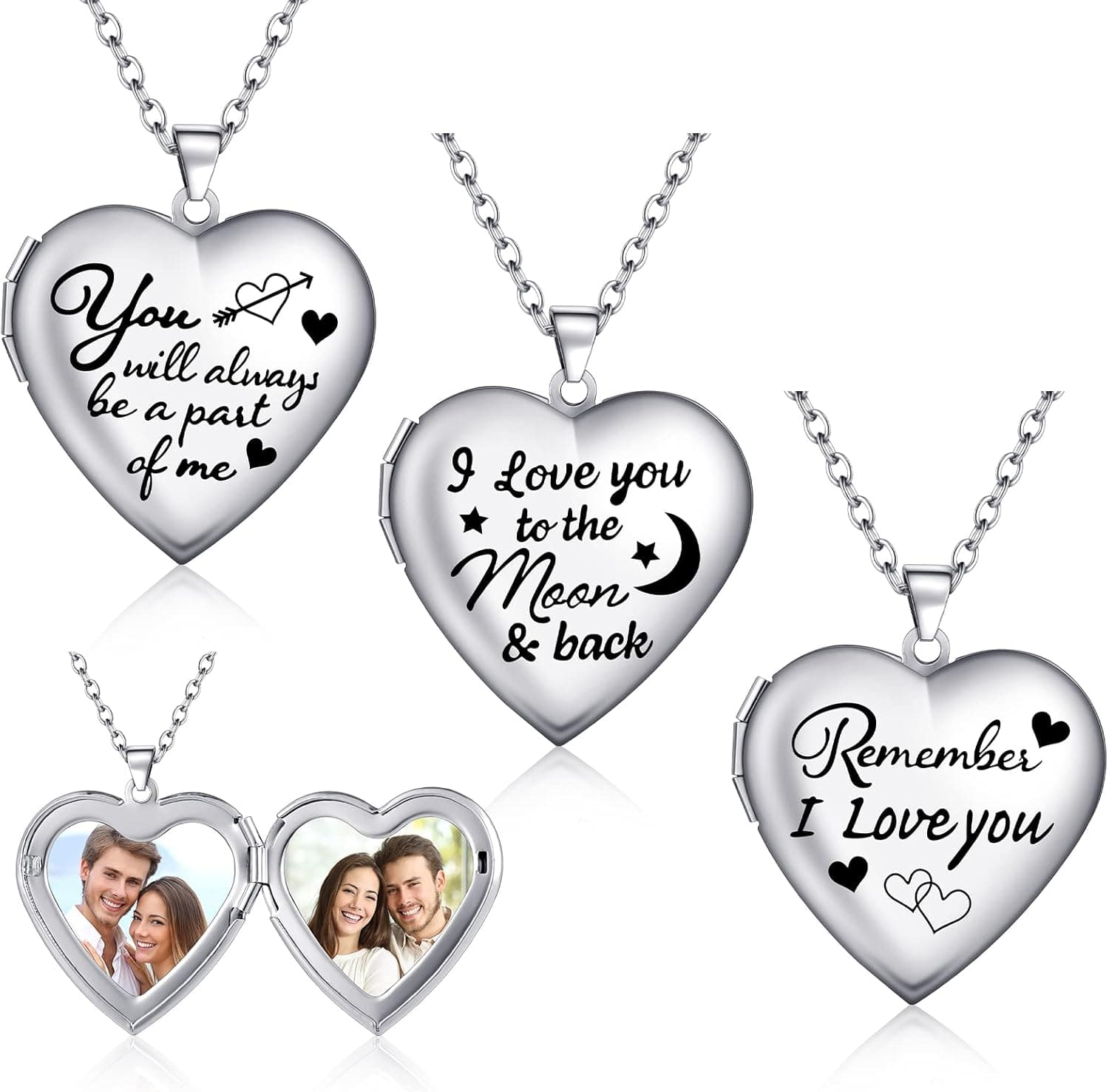 Junkin 3 Pieces Valentine's Day Heart Locket Photo Picture Necklace Personalized Locket Necklace with Picture Inside for Women Girls