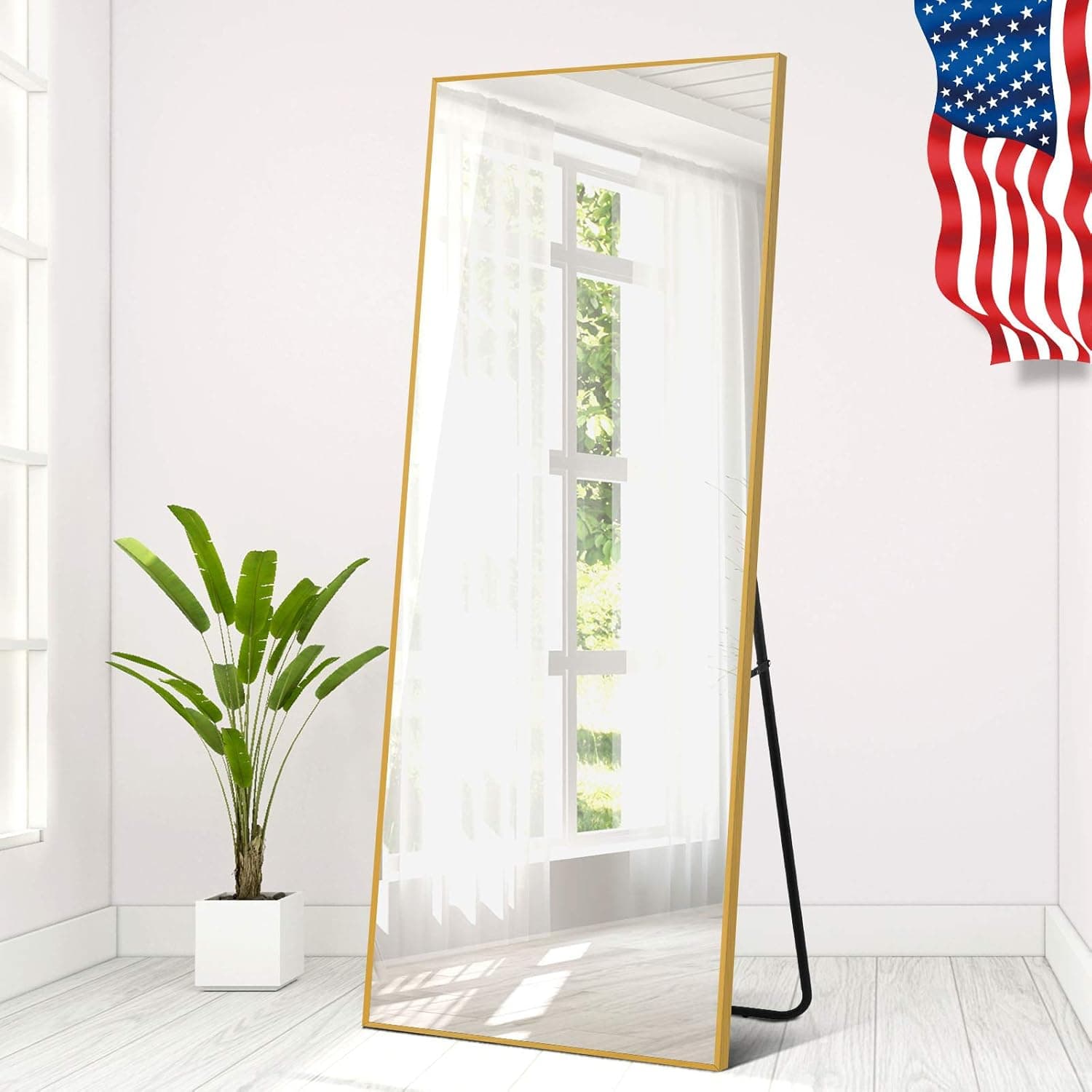 Elevens Metal Aluminum Alloy Frame Full Length Floor Mirror 65"x22" Large Rectangle Body Wall Mirror, Standing Hanging or Leaning Against Wall, Thin Frame Mirror - Gold