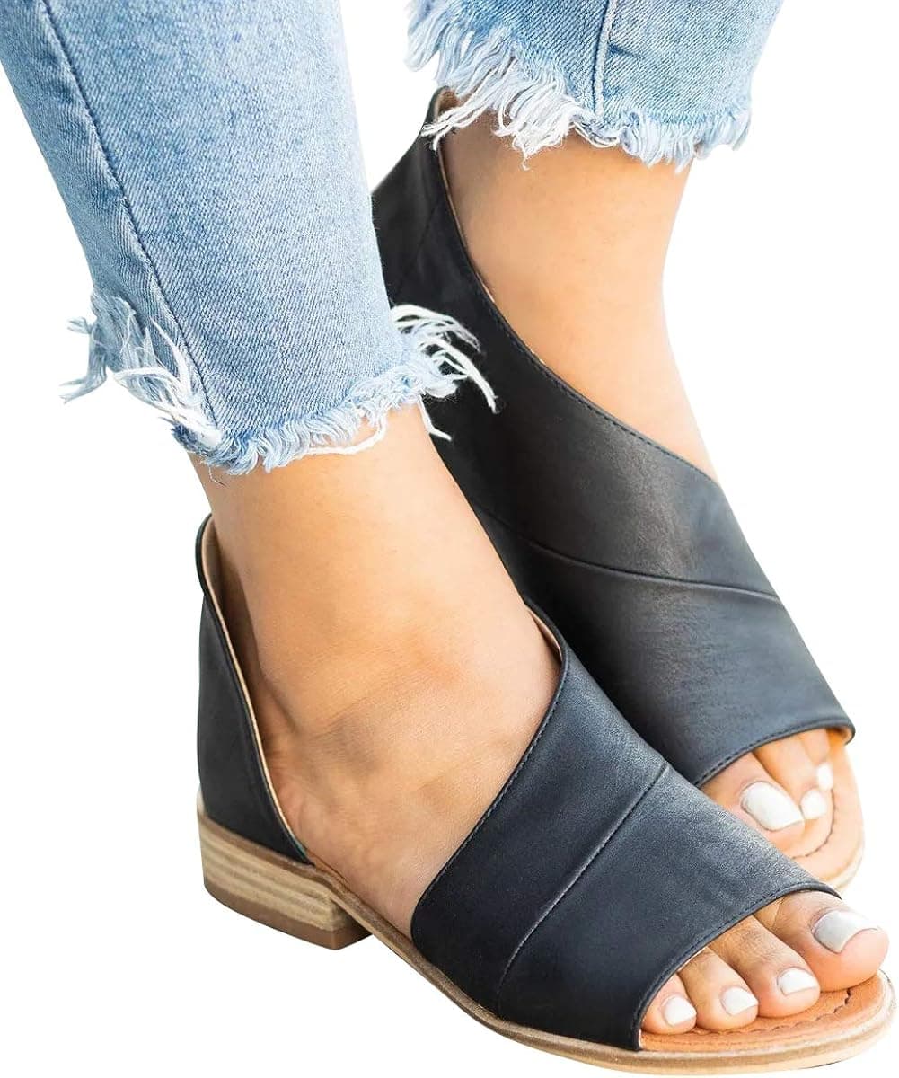 SNIDEL Womens Faux Leather Sandal Open Toe Flats Sip on Summer Casual Low Heels Shoes