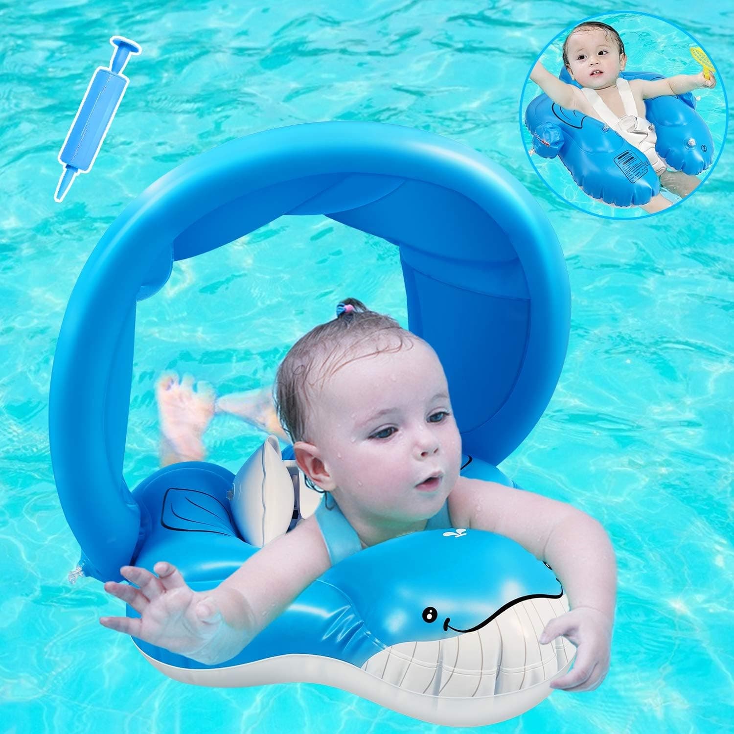 Baby Swimming Pool Floats with Removable Canopy and Safety Crotch Strap Support, Funny Whal Infant Swim Pool Float for Toddlers Trainer Kids Swimming Pool Rings Sunshade Toy for Children of 6-30 Month