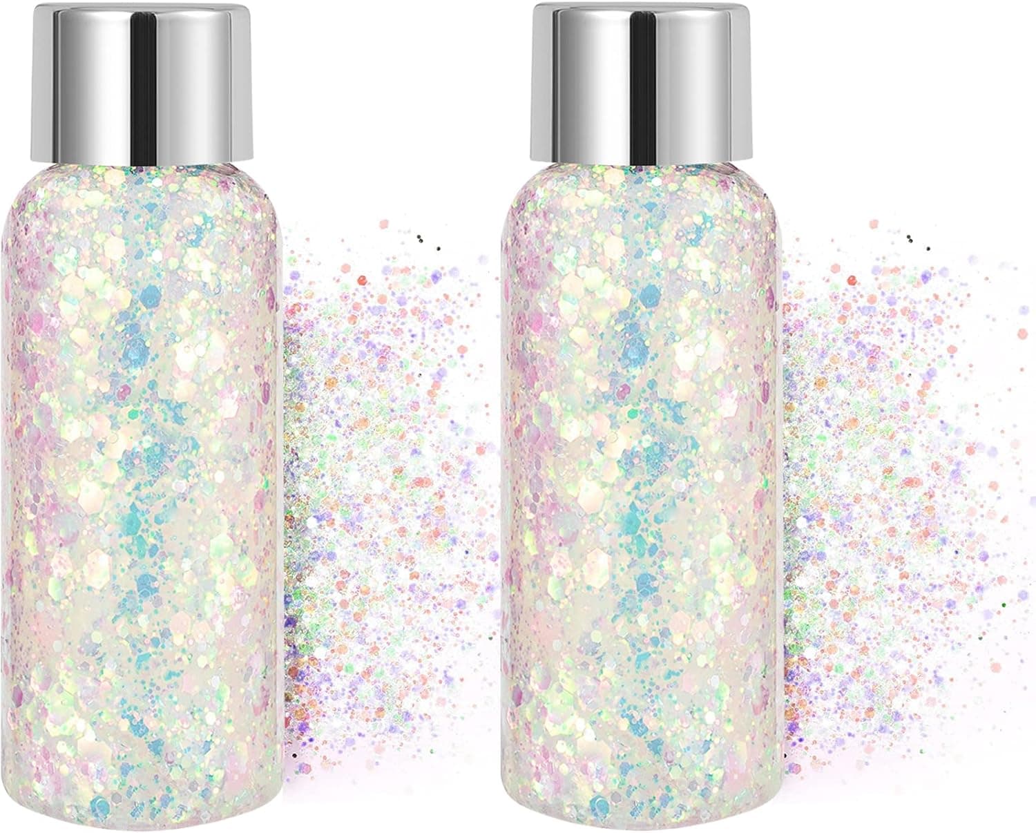 2Pcs Holographic Body Glitter Gel, Long Lasting Waterproof Chunky Liquid Glitter Gel Rave Festival Party Makeup for Body, Hair, Face, Nail, Eyeshadow, UP to 12 Hours, 1oz (Laser White 2Pcs)