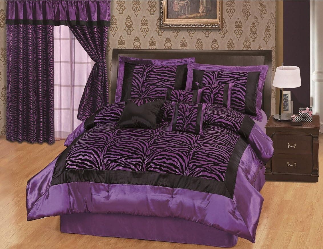 King Size 8pcs Purple Black Satin Zebra Flocking Comforter Set with 4 Pillows
