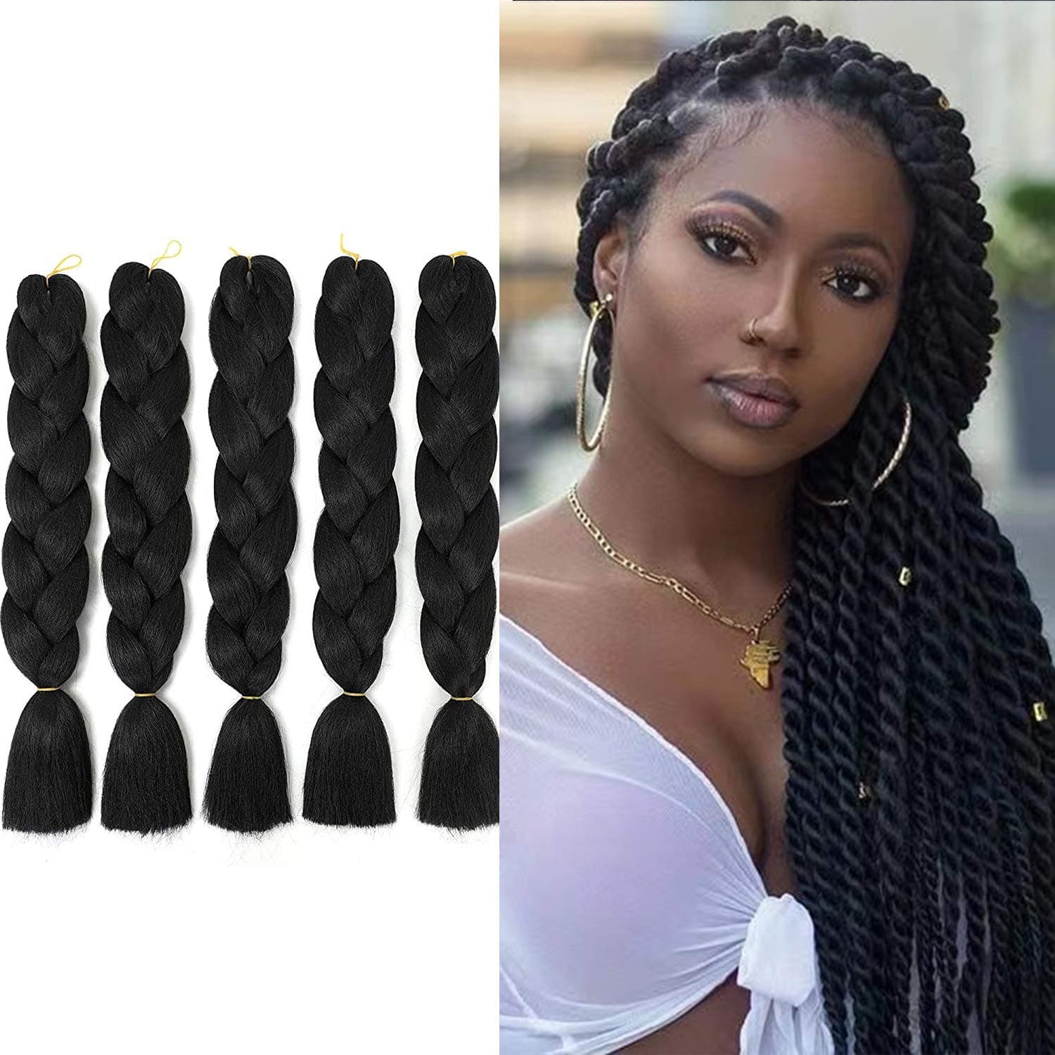 Box Braid Hair Braiding Hair Pre Stretched Hair for Braiding Ombre Synthetic Hair Braids Hair Extension Jumbo Braiding Hair Ombre Braids Hair Synthetic Braiding Hair Extensions for Box Twist Braiding with Free Gifts 24 Inch 5Pcs/Lot 100g/Pc (Black)