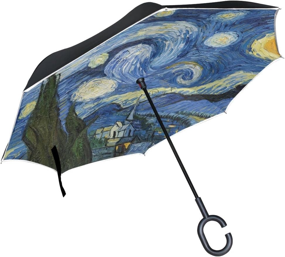 My Little Nest Starry Night Van Gogh Oil Painting Reverse Umbrella Windproof Sun Rain Double Layer Inverted Car Umbrella with C-Shaped Handle
