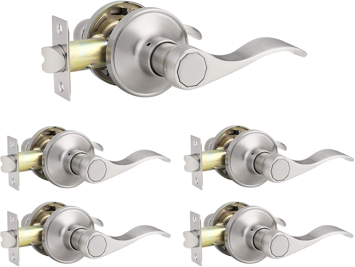 Knobonly 5 Pack Brushed Nickel Finish Reversible for Left Or Right Handed, Passage Drop Door Levers, Non-Locking Keyless Handlest for Hall or Closet