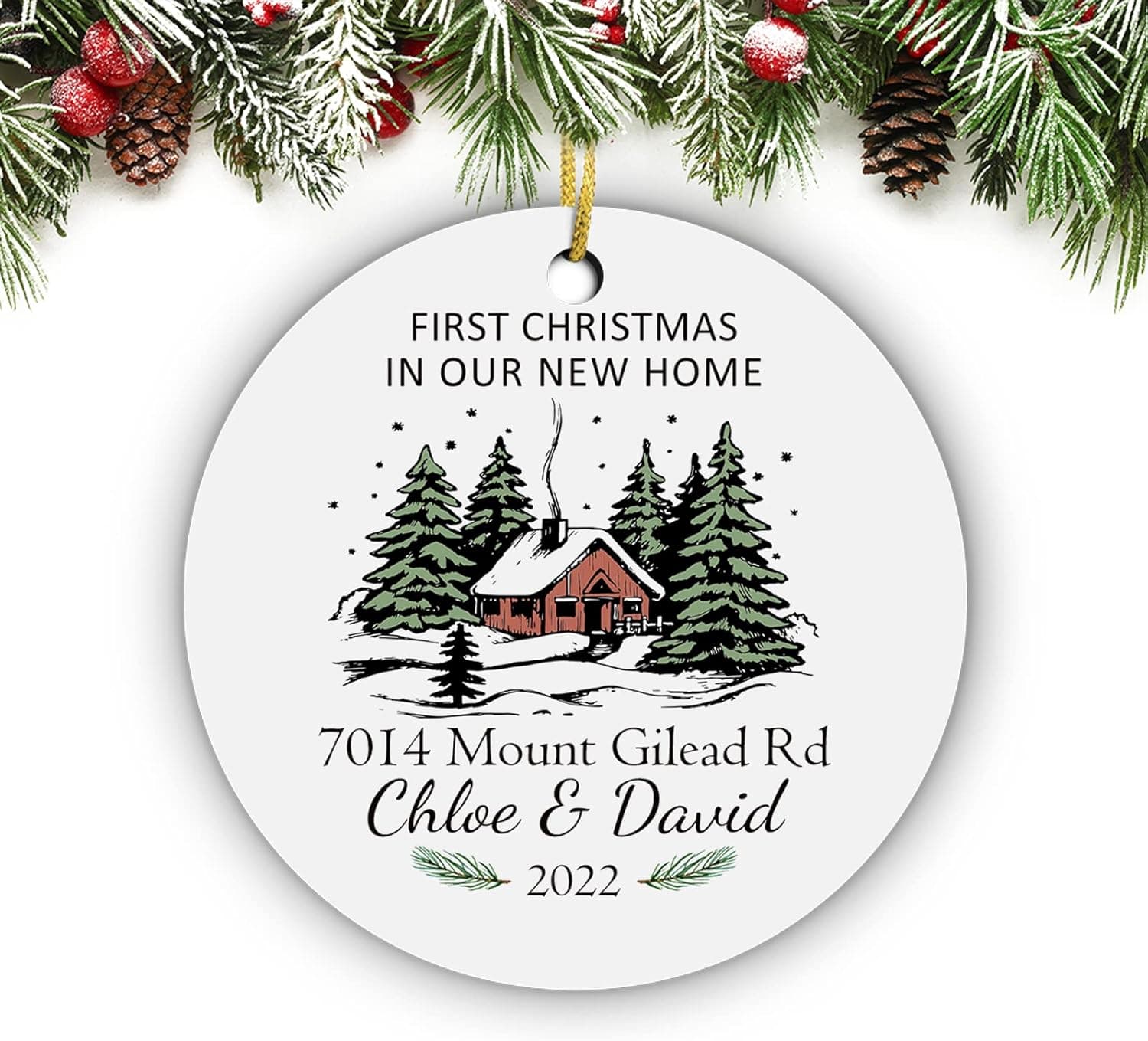 New Home Ornaments 2022, Our First Christmas New Home Housewarming Snowfall Trees Xmas Christmas Tree Decorations, Personalized Circle Christmas Ornament