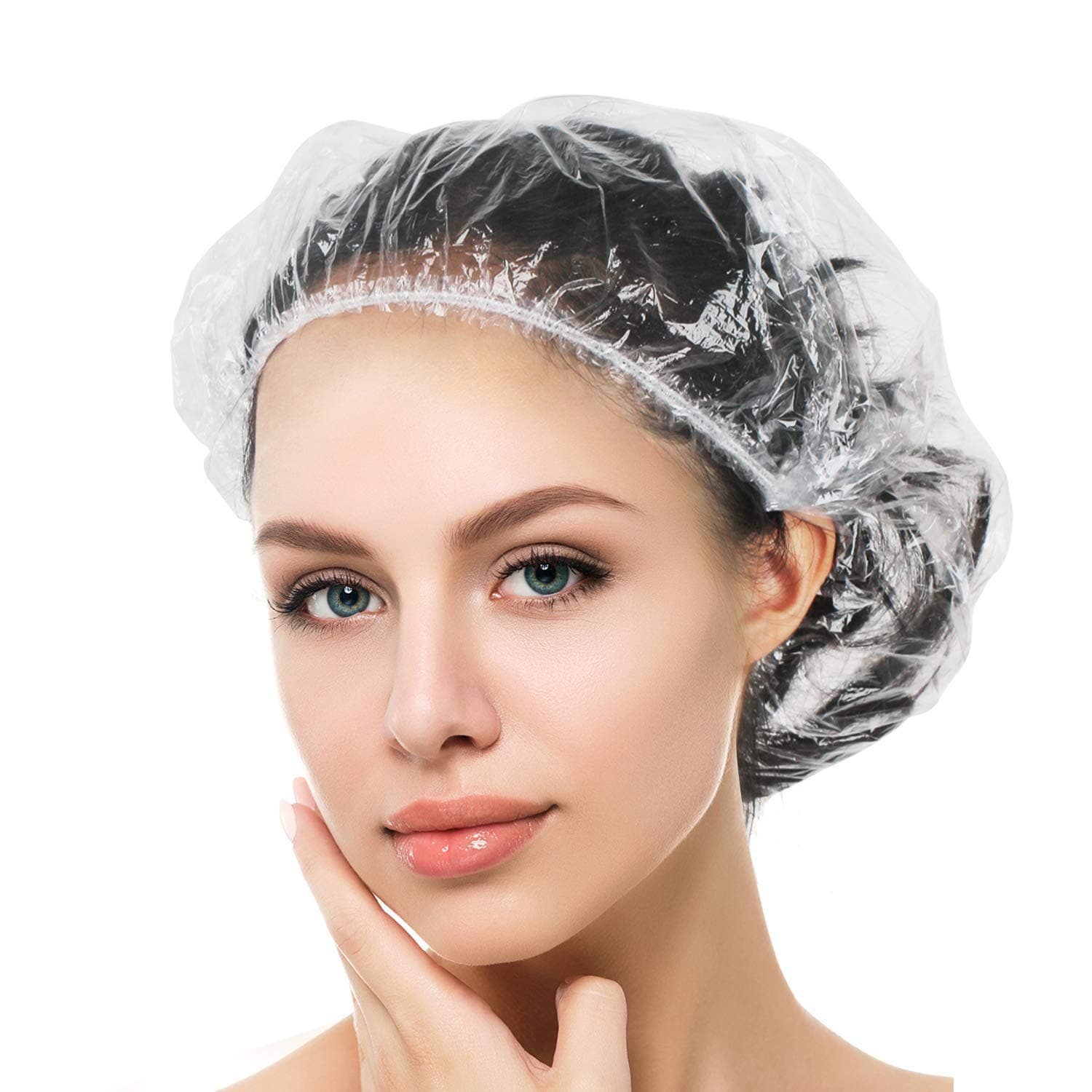 Auban Shower Cap Disposable, 50 PCS Bath Caps Larger Thick Clear Waterproof Plastic Elastic Hair Bath Caps For Women Kids Girls, Travel Spa, Hotel and Hair Solon, Home Use