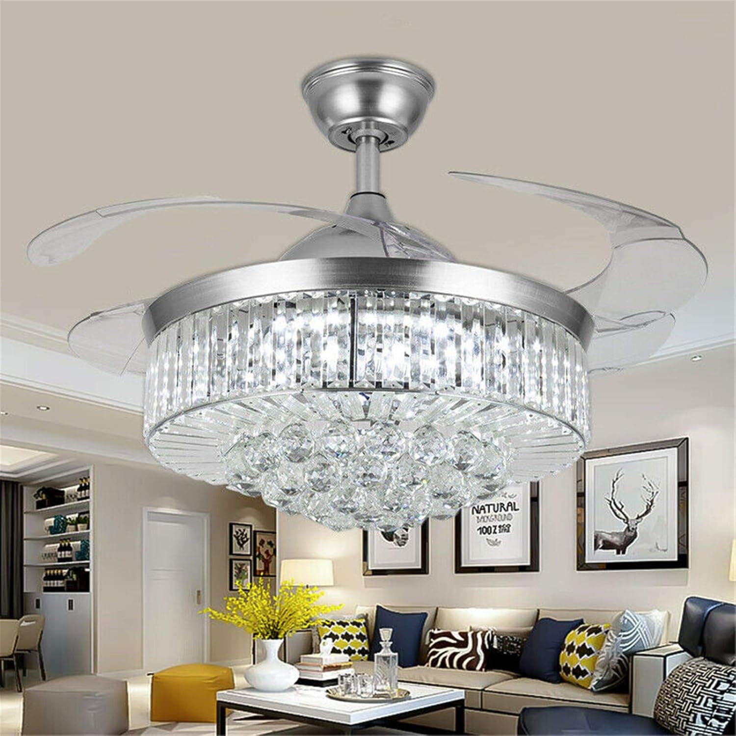42 Inch Crystal Ceiling Fan Chandelier with Remote 3 Speeds 3 Colors Changes Lighting Fixture, 4 Blades Retractable Fans for Bedroom Living Room Dining Room
