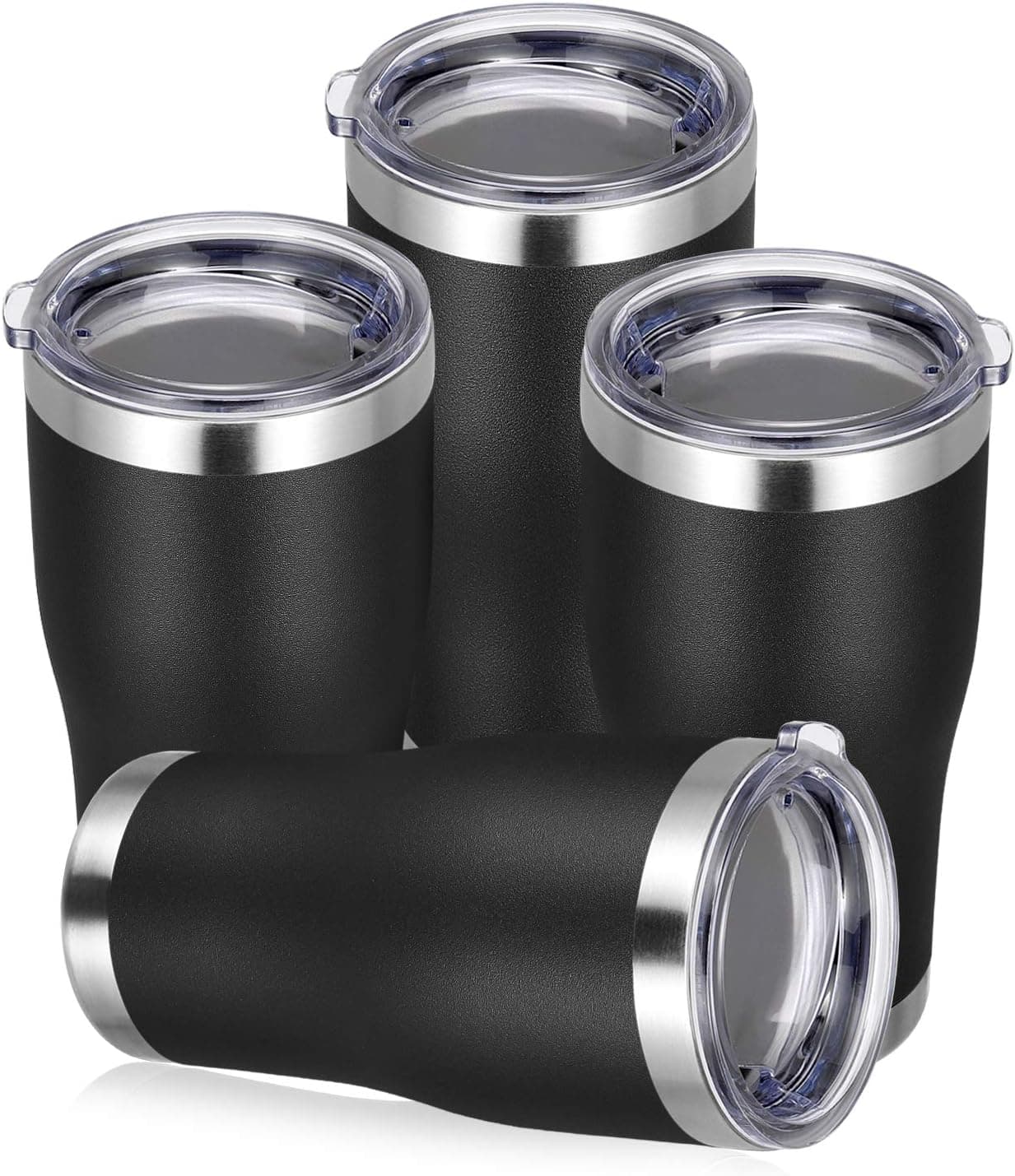 PEIZI 20oz Tumbler with lid, Stainless Steel Double Wall Vacuum Insulated Travel Mug, Durable Powder Coated Coffee Cup, Black, 4 Pack