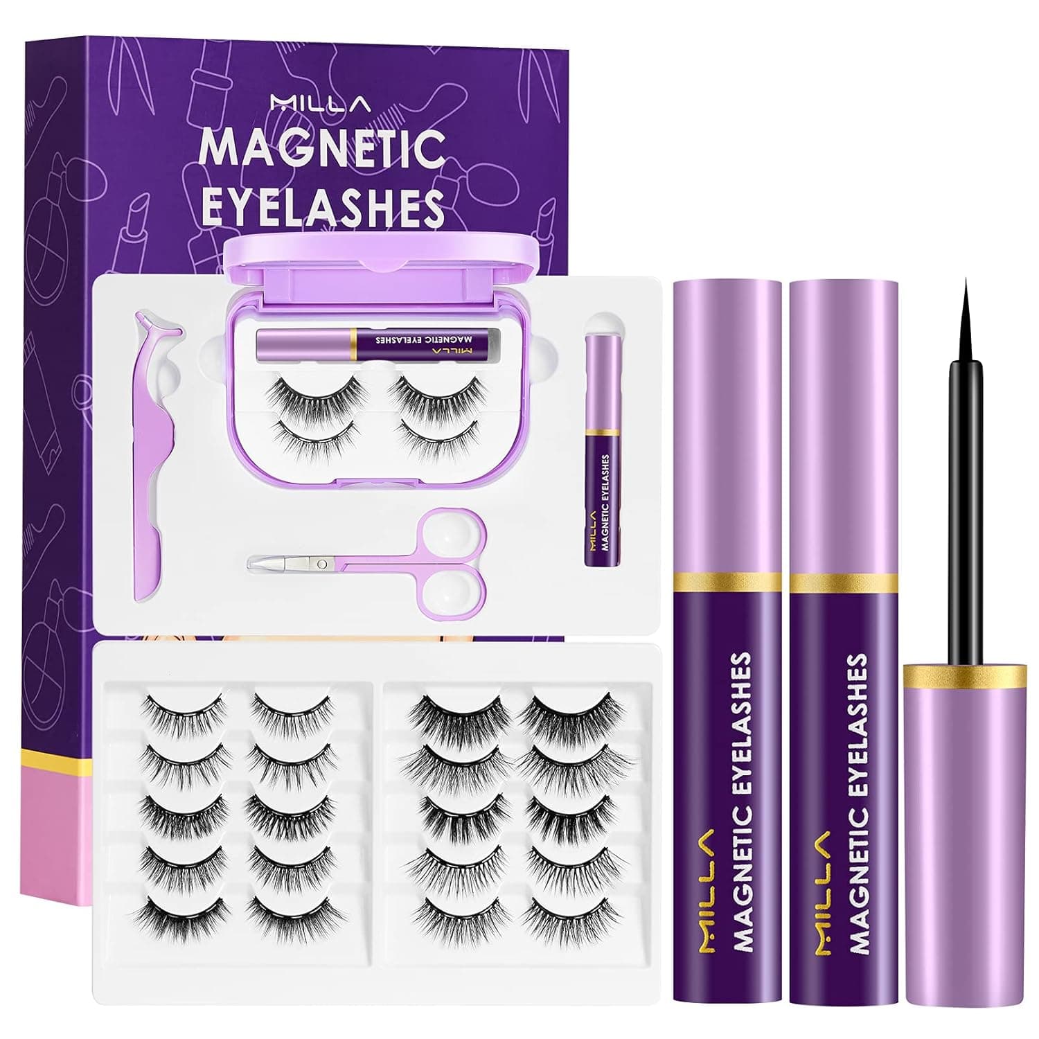 Magnetic Eyeliner and Eyelashes Kit,12 Pairs MILLA Magnetic Reusable Lashes with 2 Tubes Eyeliner and Applicator,Natural Look 3D Fake Eye Lash for women,No Glue Needed
