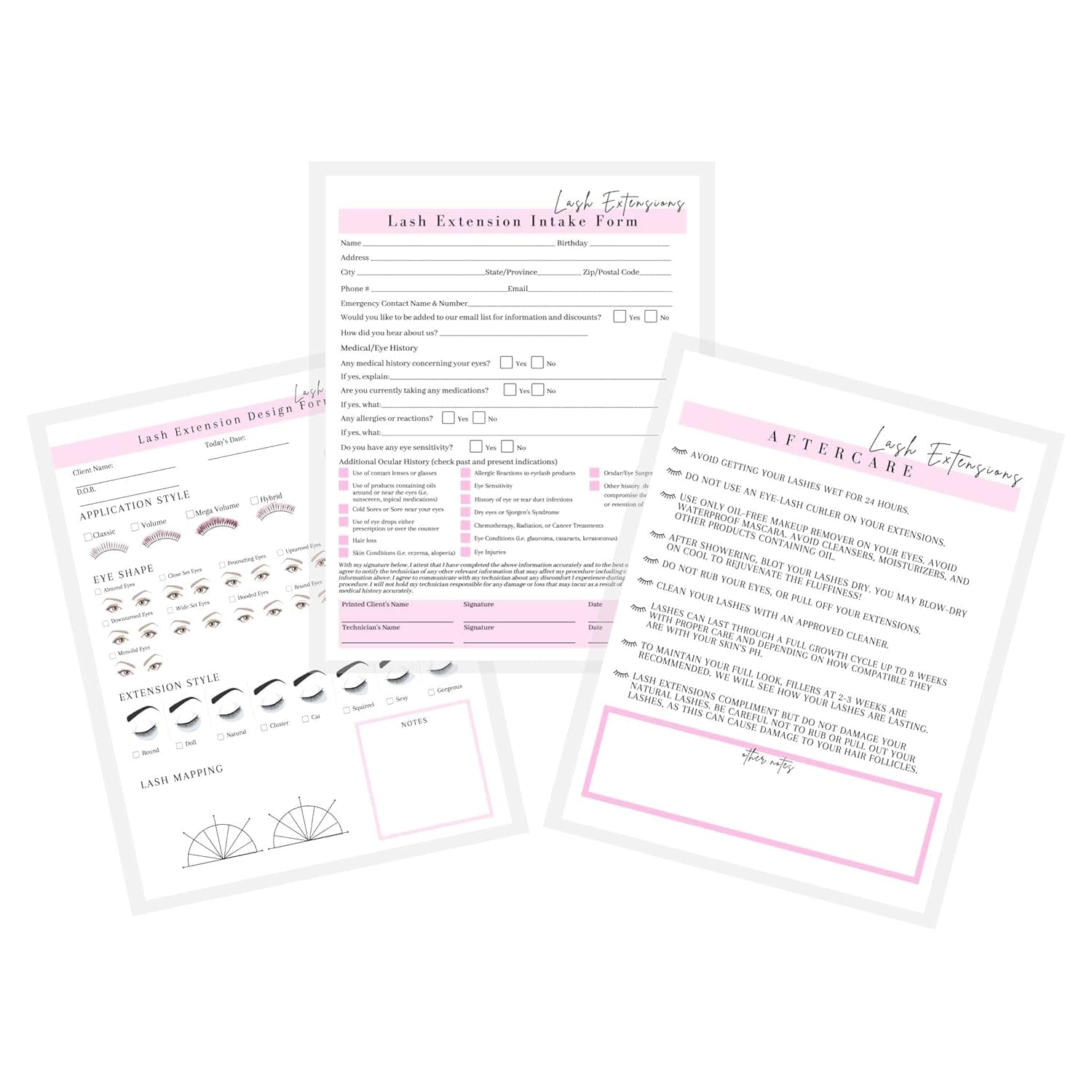 Lash Extension Eyelash Consent, Intake, Aftercare forms with Mapping length curl application style | 75 Pack | 25 of each Consent, Intake, Aftercare, and Design Forms for Lash Artists | 8.5 x 11 inch