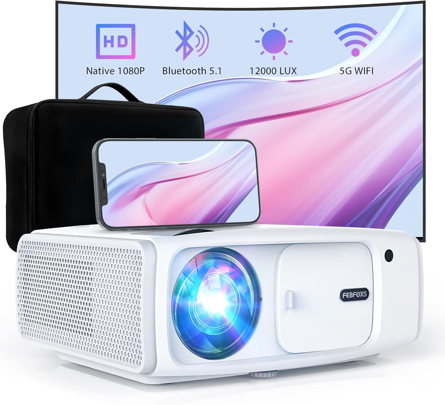 Febfoxs Projector with WiFi and Bluetooth - 12000LUX 400 ANSI Lm Native 1080P Portable Projector with Bag, FHD Movie Projector, Supports 4K & Zoom, Compatible w/Phone/PC/DVD/PS5