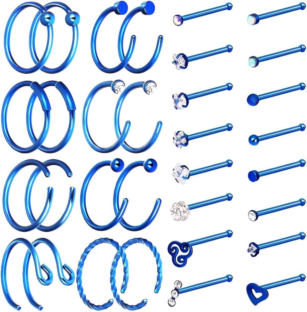 32Pcs 20G Unisex L-Shaped C-Shaped Nostril Screw Nose Tongue Lip Ear Rings Hoop Studs Seamless Hinged Rings Ball Closure Rings Mixed Set