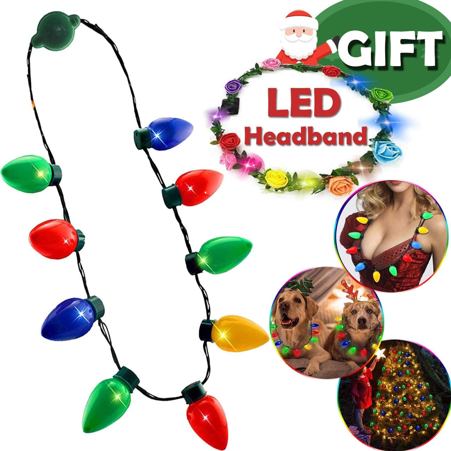 Light Up Christmas Necklace Light Bulbs,Holiday Party Favors for Kids,Black Friday Christmas Thanksgiving Decorations Light String,Batteries Included (LED Flower Headband Gifts)-2 Pack