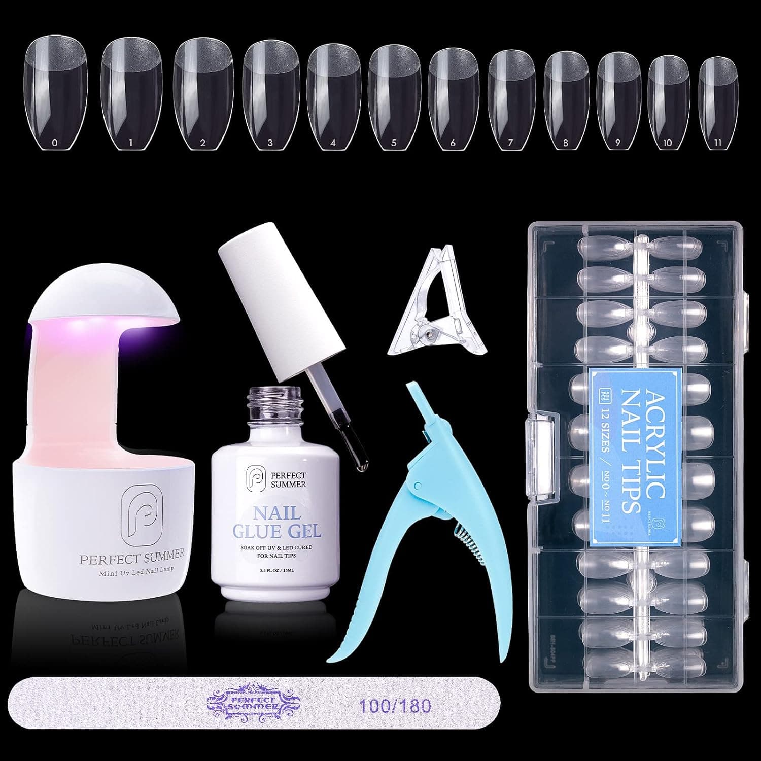 Perfect Summer Nail Tips and Glue Gel Kit - Short Coffin 504pcs Gel X Nail Kit with UV Light, Acrylic Nail Extension Kit for Beginners Gel Nail Art Manicure Set