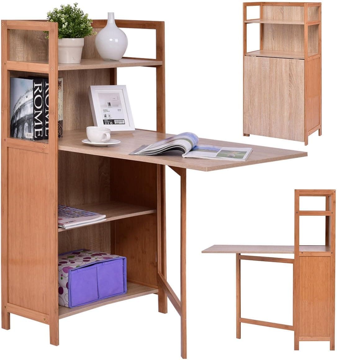 Tangkula Convertible Desk Wood Fold Out Cabinet Laptop Computer Desk with Shelf