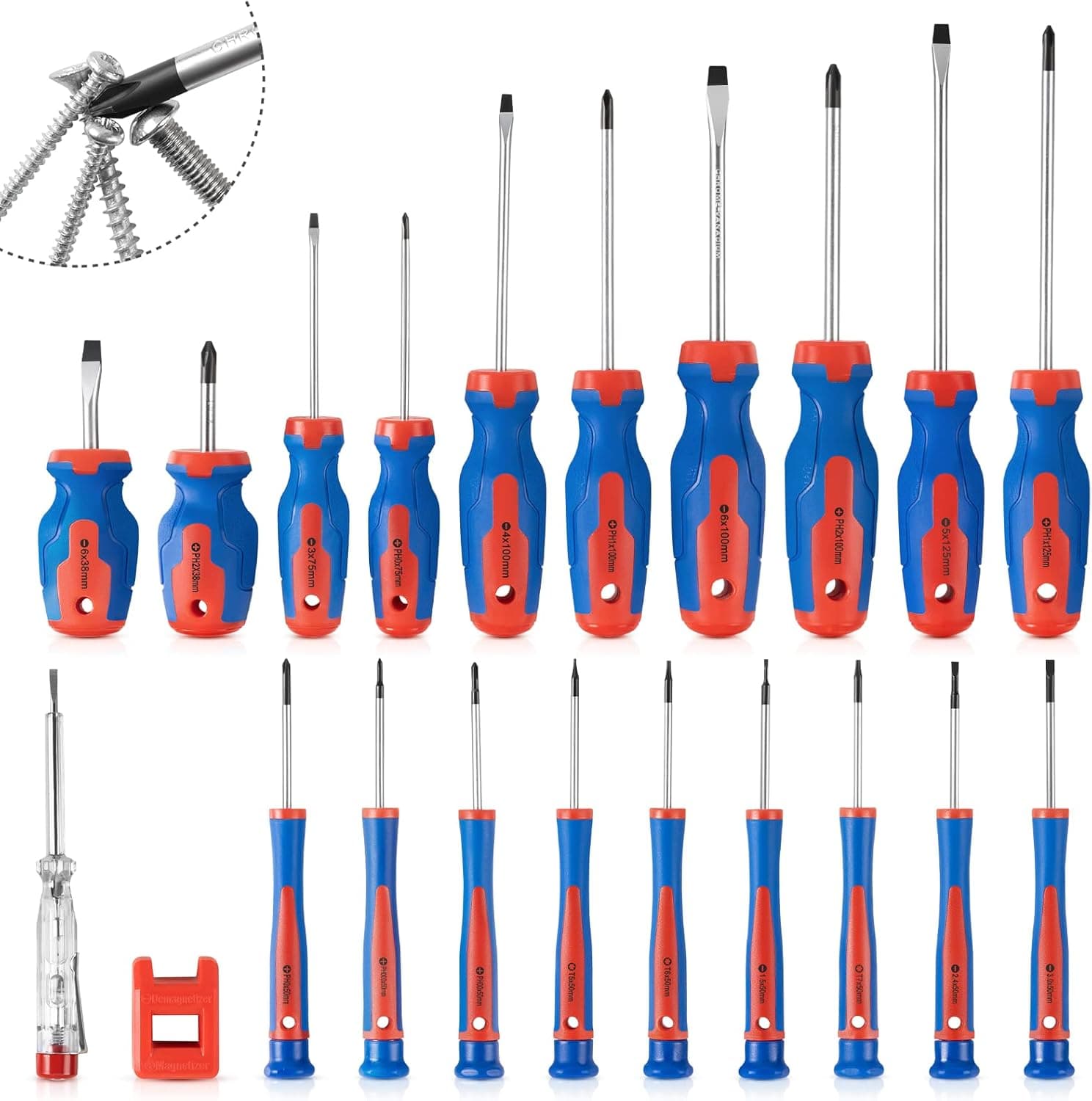 XJX 21-Piece Magnetic Screwdriver Set, Precision Screwdriver Set Phillips/Slotted/Torx Screwdriver Set Professional Cushion Grip Screw Driver Set with Tester Screwdriver, Magnetizer