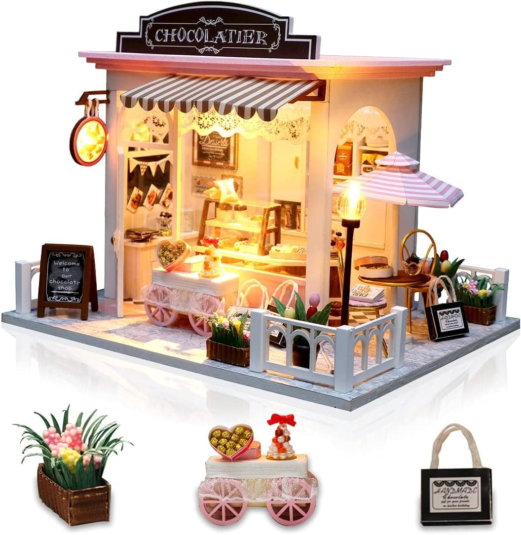 GuDoQi DIY Miniature Dollhouse Kit, Tiny House kit with Music and Dust Proof, Miniature House Kit 1:24 Scale Chocolate Shop, Great Handmade Gift for Birthday Father's Day