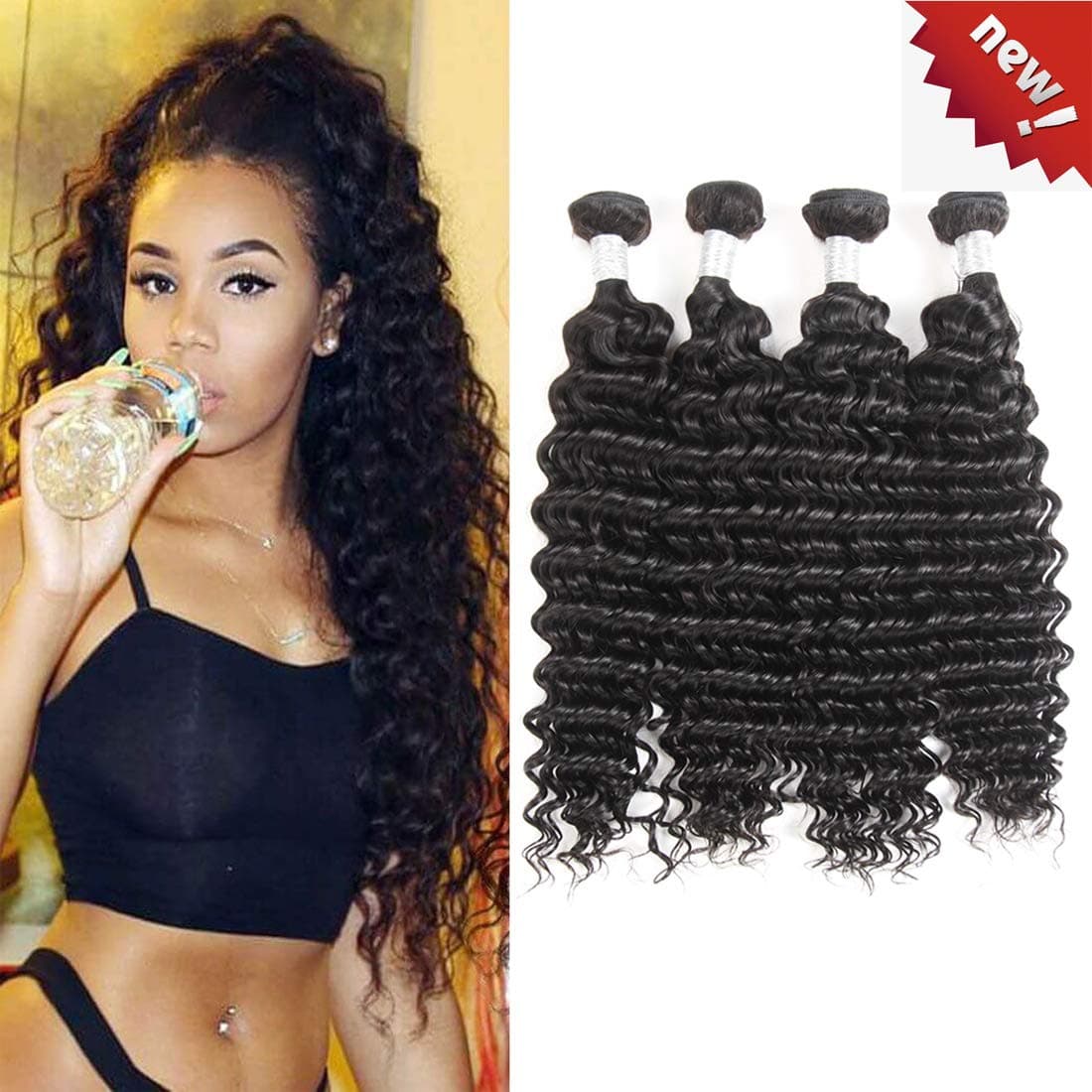 IMAYLI Brazilian Deep Wave Virgin Hair 4 Bundles Deep Curly Human Hair Weave Unprocessed Deep Wave Human Hair Bundles 100% Remy Human Hair Extensions Natural Black(14141414)