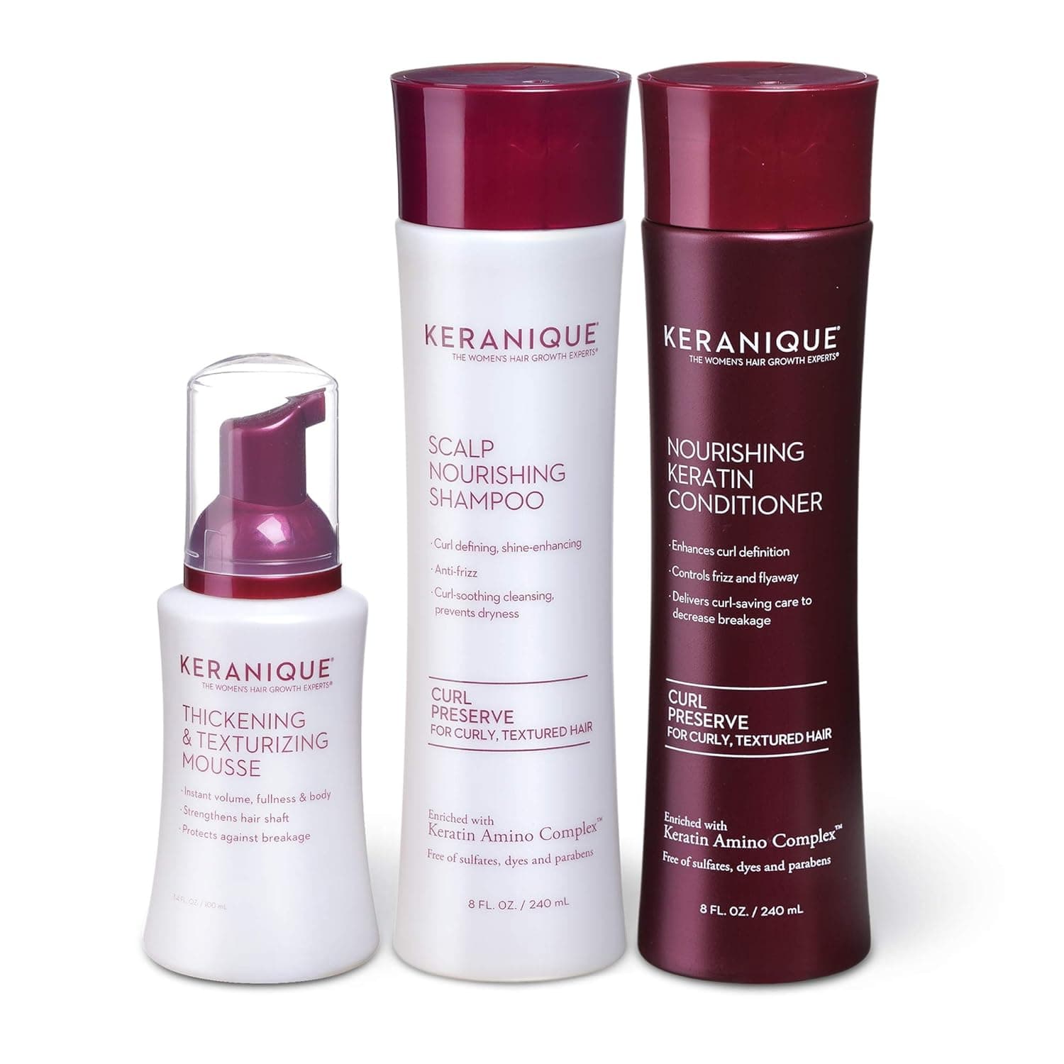 Keranique Hair Thicker Stronger Hair 60 Days System with Keratin Shampoo, Conditioner and Texturizing Mousse for Curly Thinning Hair, Paraben/Sulfates Free, Maintains Body and Volume