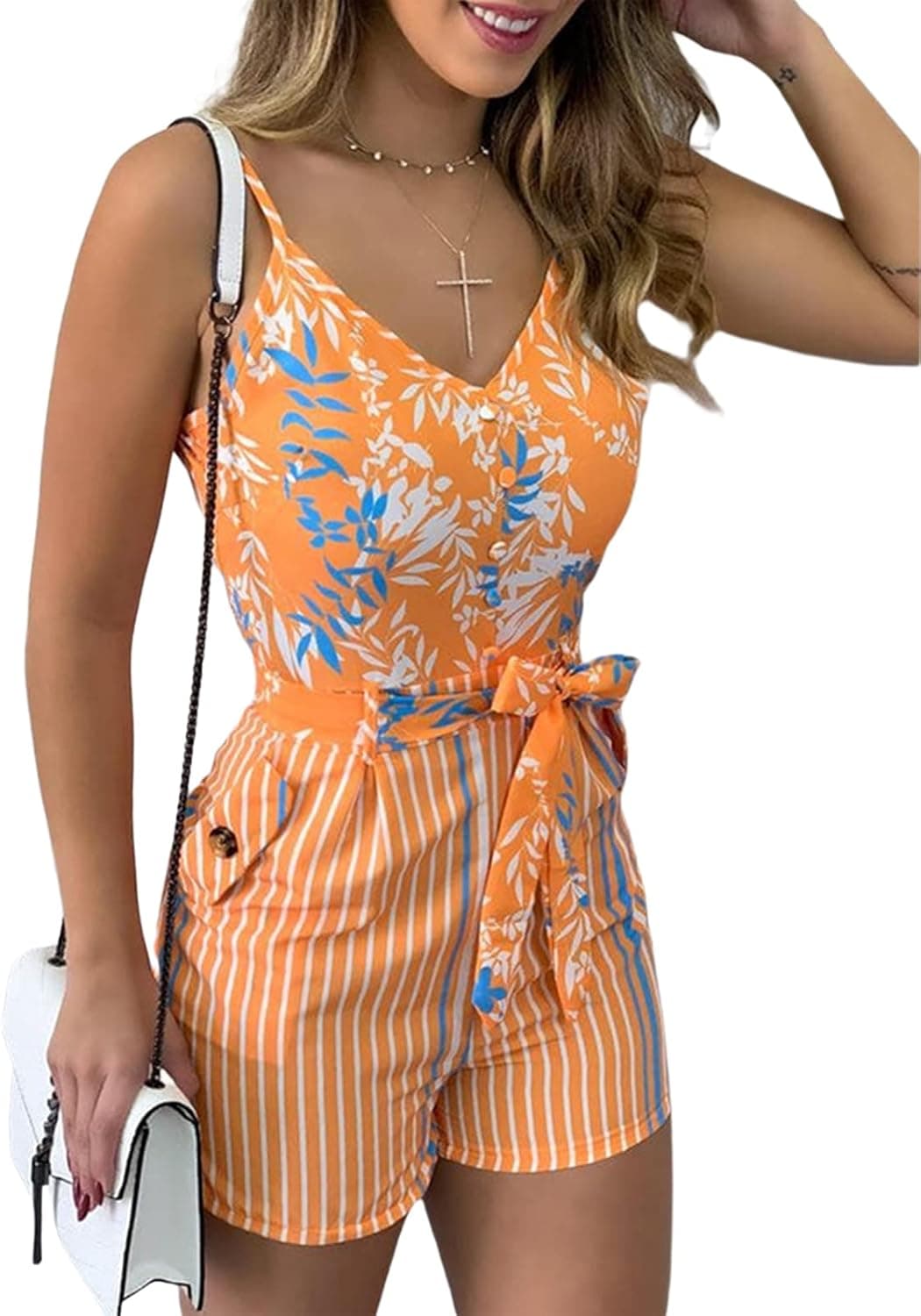 Women Casual Floral Print Ruffled Playsuit, Leaf Print V-Neck Elbow Sleeve Bandage Romper for Beach