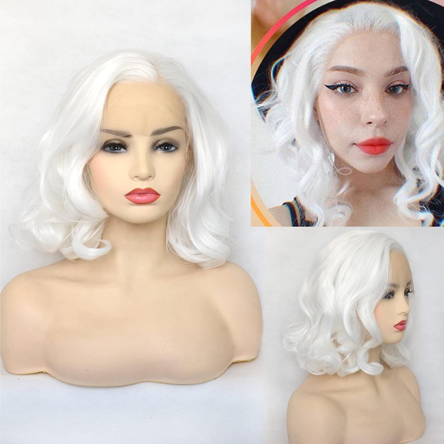 BLUPLE White Lace Front Wig Short Wavy Bob Style Platinum White 1001# Loose Wave Curly Synthetic Hair Side Part Half Hand Tied Replacement Full Wigs 12 Inches for Women Girls