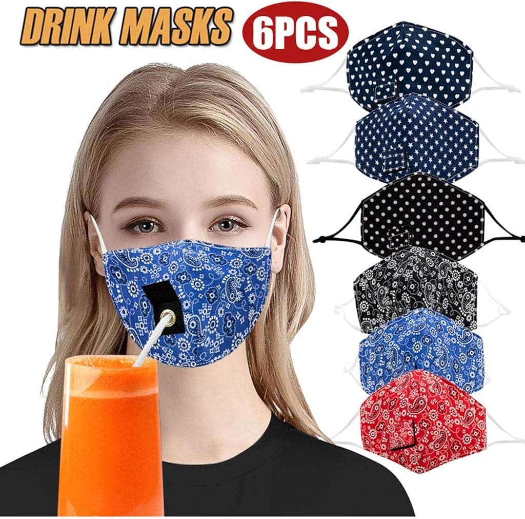 Ltrotted Mouth Face Protective Gear with A Hole for Straw, Adjustable Washable Reusable Covering, You Can Drink Freely (Adults Printed 6 Colors, 6 Pcs)
