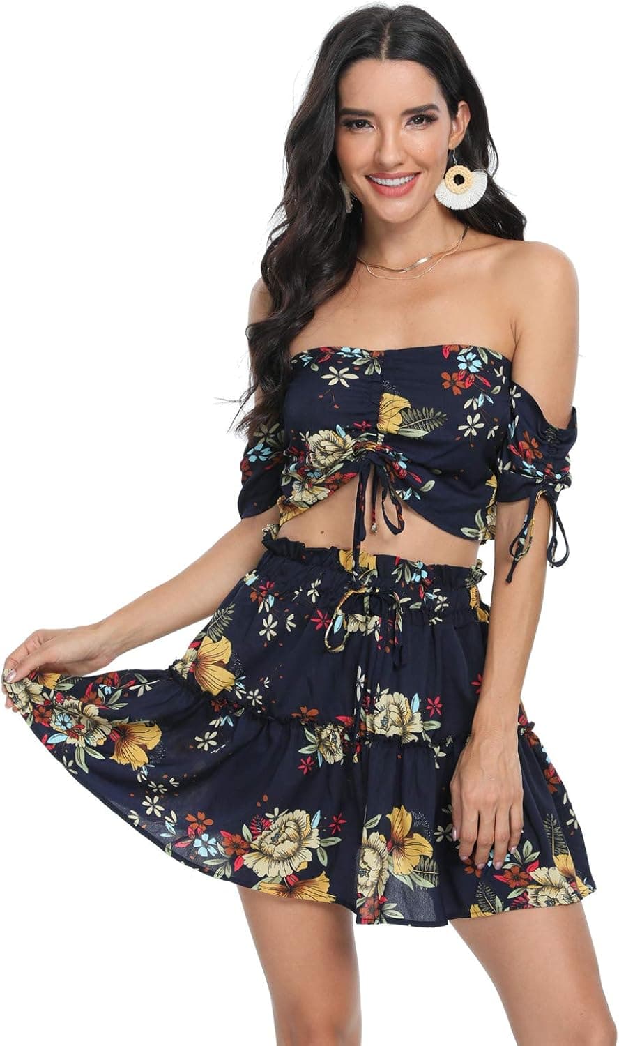 Anienaya Women's Two Piece Outfit Off Shoulder Drawstring Crop Top and Shorts Set