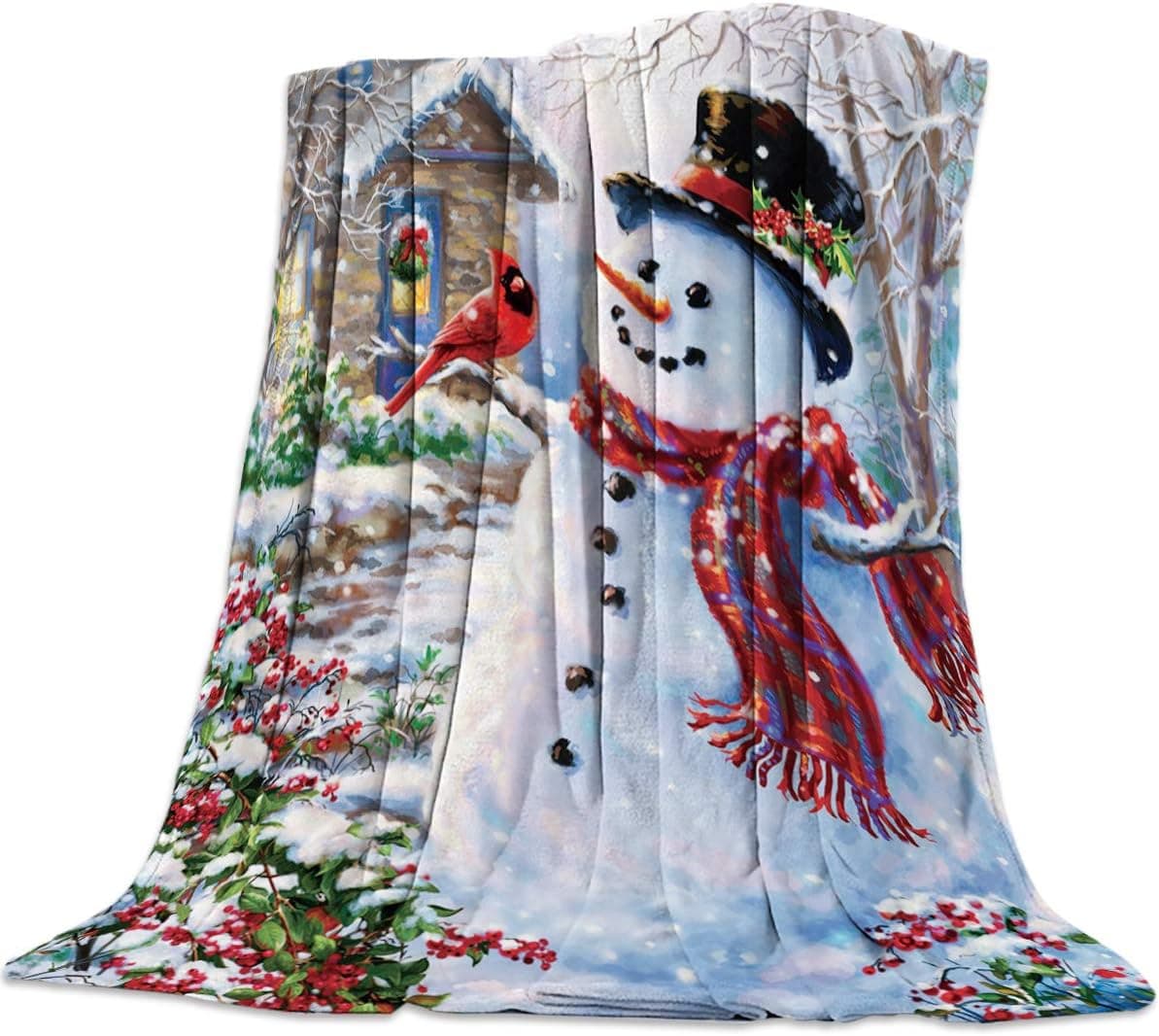 Flannel Fleece Throw Blanket for Couch- 49" x 79", Happy Snowman with Cardinals Merry Christmas Snow Landscape Blanket Super Soft Cozy Plush Microfiber Fluffy Blanket Lightweight Warm Bed Blanket