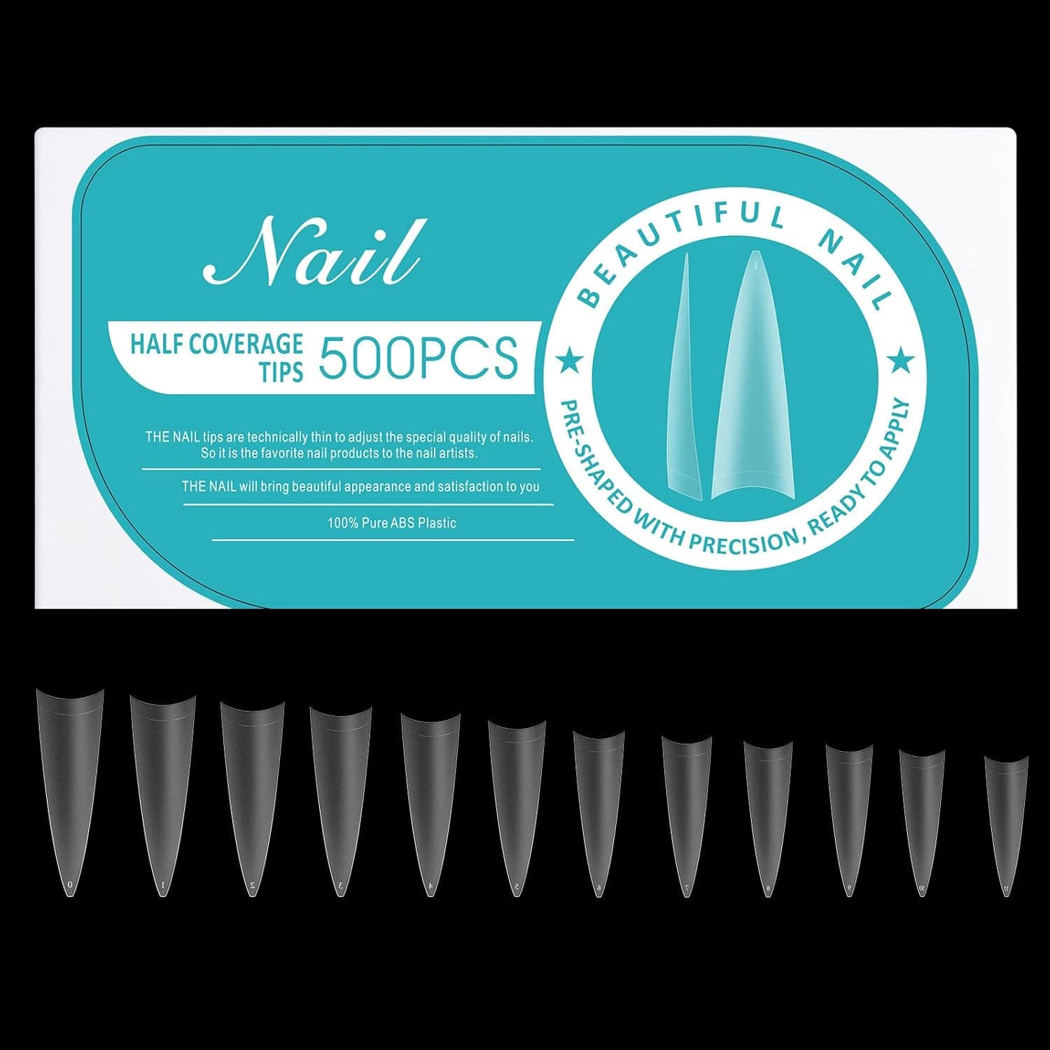 Cycullinyt Half Cover Nail Tips for Acrylic Nails Professional, 500pcs Stiletto Medium Fake Nail Tips for Nail Salon Home, Ballerina French False Nail Tips with Box, 12 Sizes