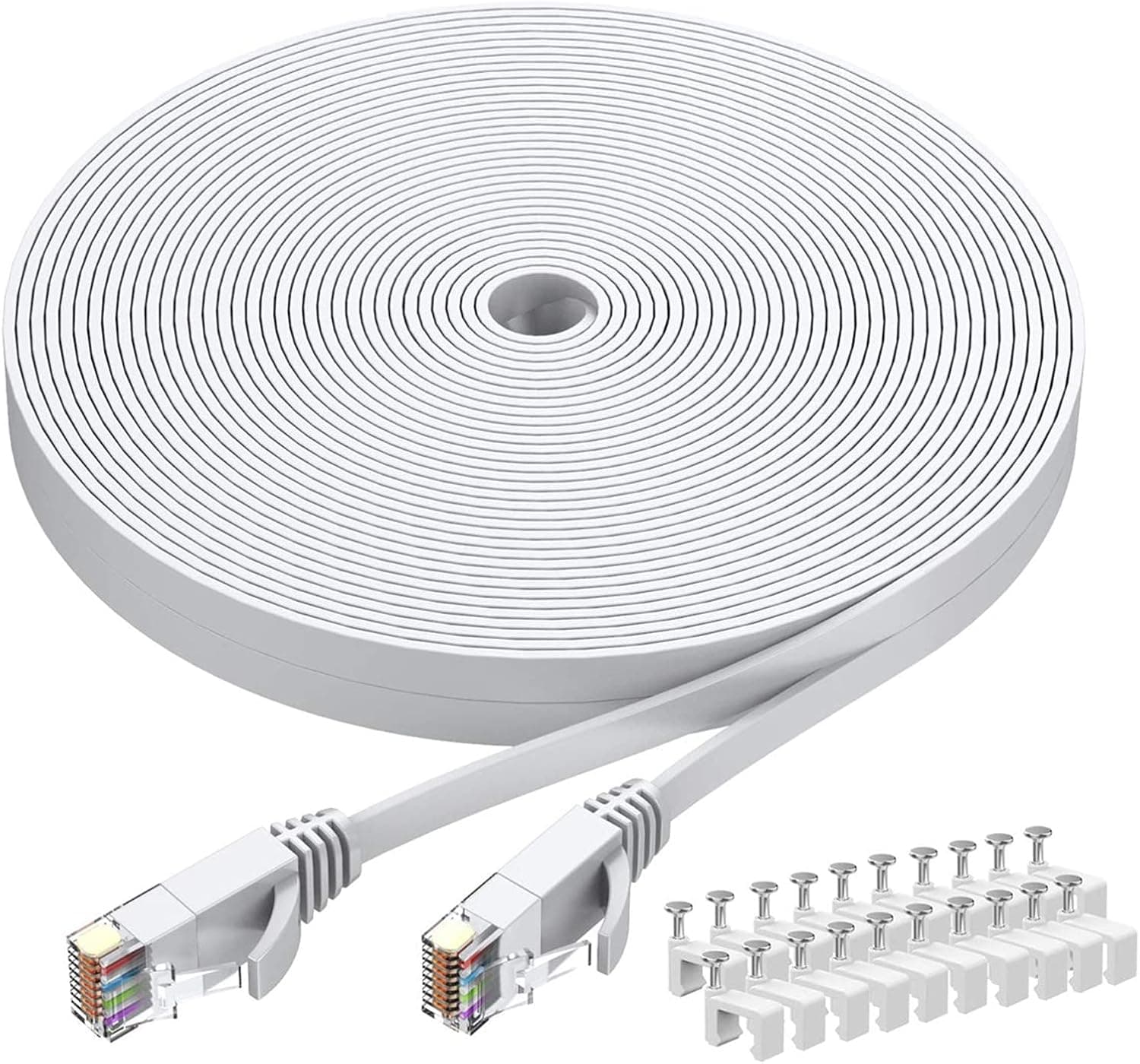 BUSOHE Cat6 Ethernet Cable 75 FT White, Cat-6 Flat RJ45 Computer Internet LAN Network Ethernet Patch Cable Cord, Faster Than Cat5e/Cat5, RJ45 LAN Wire with Clips for Router, Modem - 75 Feet