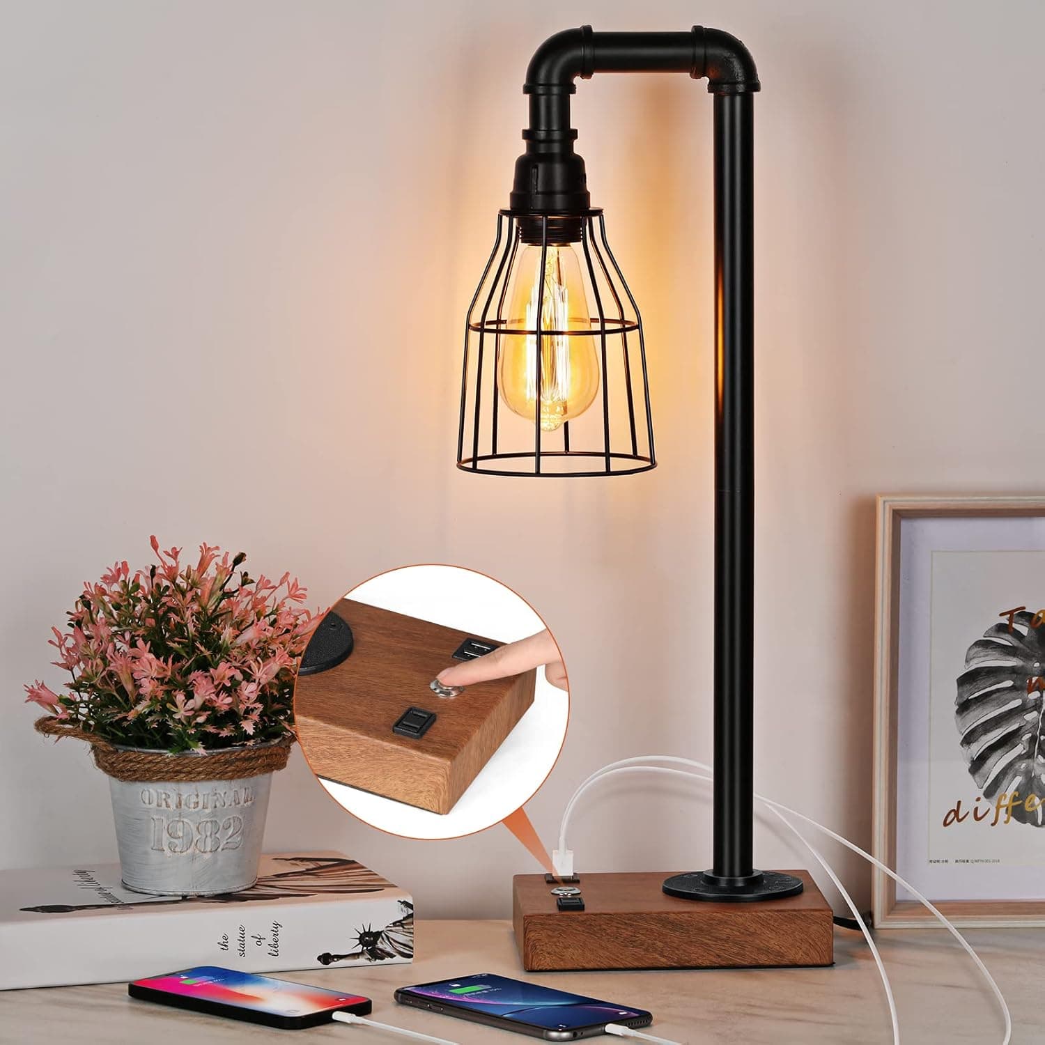 Vrisa Industrial Table Lamp with USB Port Dimmable Bedside Lamp Cage Shades with Touch Control AC Outlet Desk Lamp Black Metal Nightstand Lamp for Bedroom, Living Room