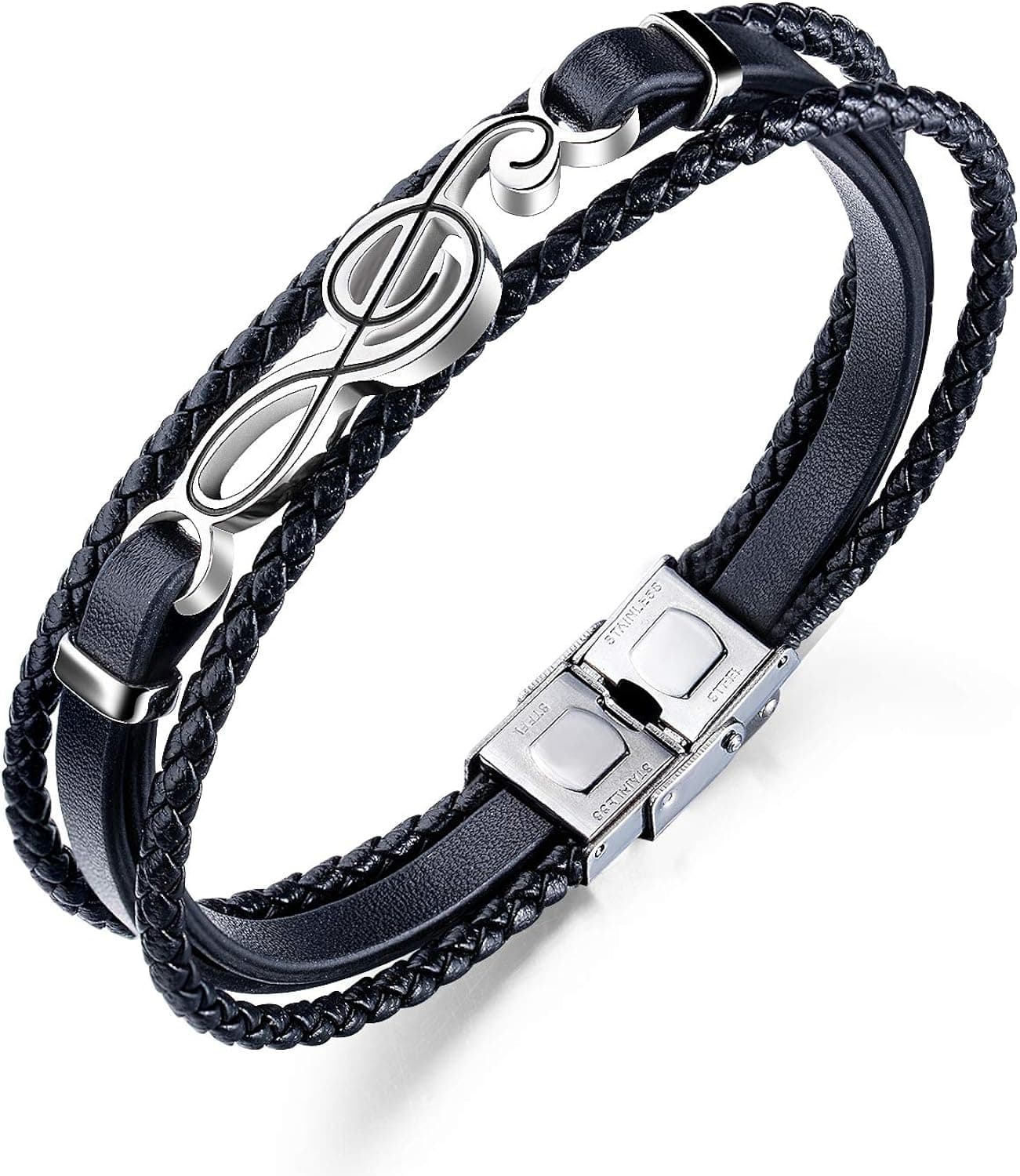 hoison Guitar Bracelet, Men's Leather Cuff Bracelet Black Multilayer Braided Rope Guitar Treble Clef Music Note Jewelry Bangle Adjustable 8.26 Inches …