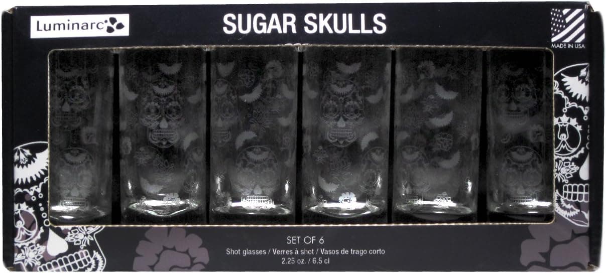 Luminarc Sugar Skulls Satin Etched Shot Glass (Set of 6), 2.25 oz
