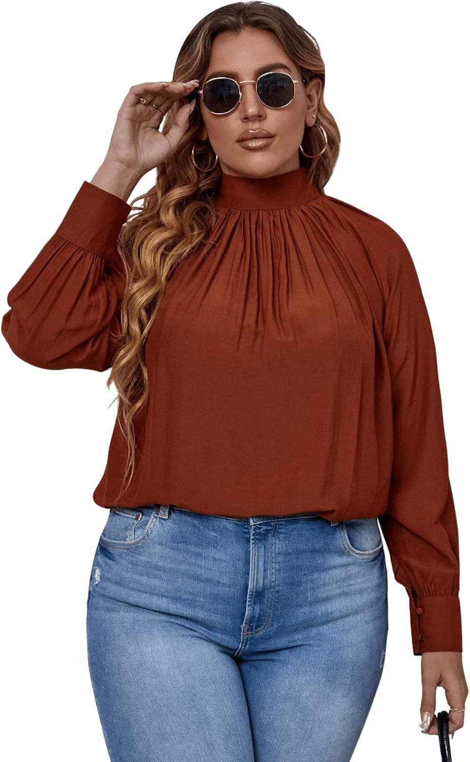 Romwe Women's Plus Ruched Mock Neck Raglan Sleeve Blouse Top Elegant Work Top