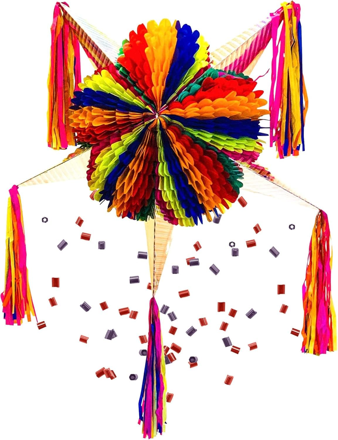 TexMex Fun Stuff - Jumbo Cinco de Mayo Pinata, Rainbow Mexican Star Pinata with 5 Silver Cones and 30 Ft Rope Included, Holds up to 5 Pounds of Pinata filler, 33 Inches Unfolded and Expanded Handmade Adult Piñata